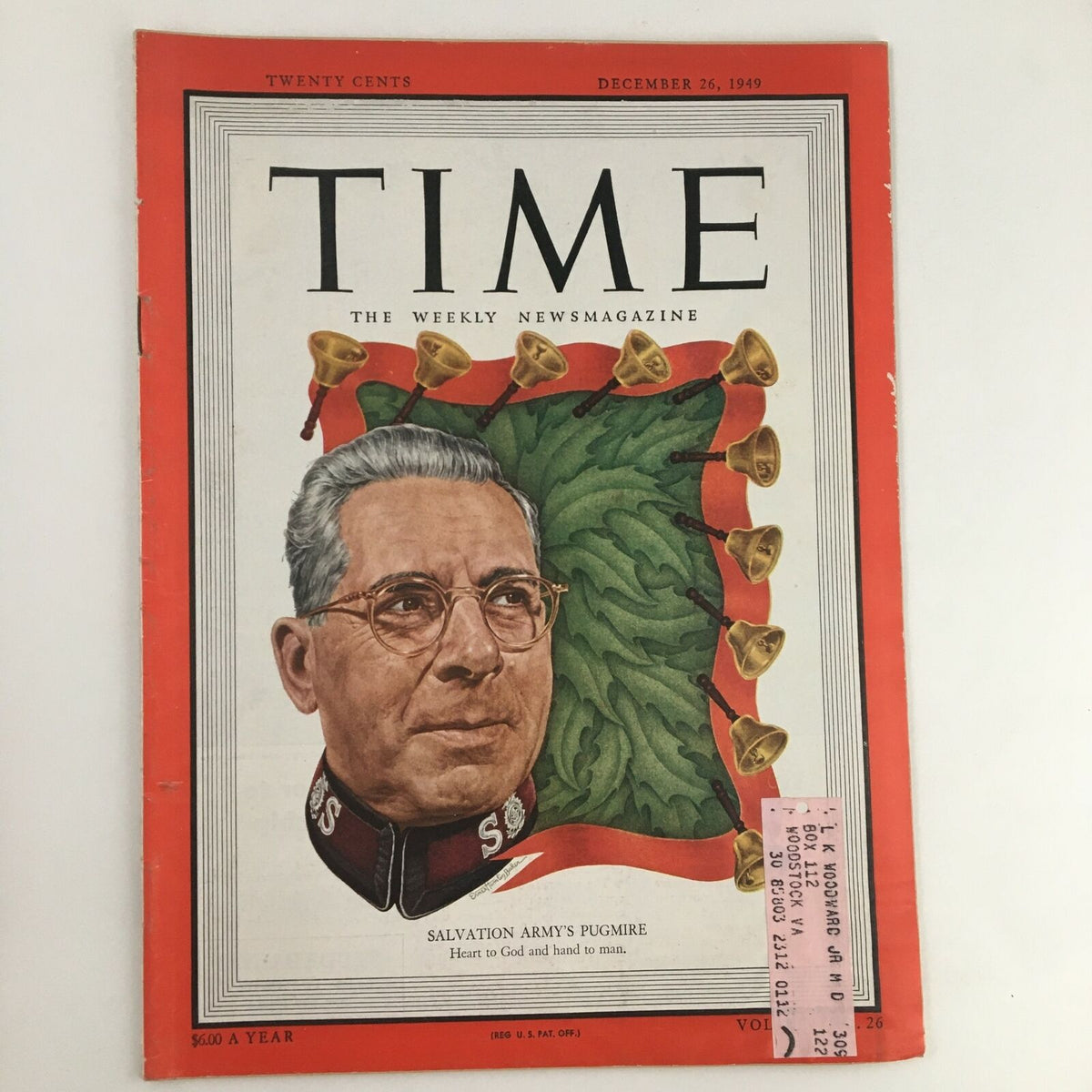 Time Magazine cover from December 26, 1949, Volume 54, No. 26 featuring Salvation Army leader Pugmire. The cover displays a portrait of Pugmire surrounded by festive bells, symbolizing the charitable work of the Salvation Army.