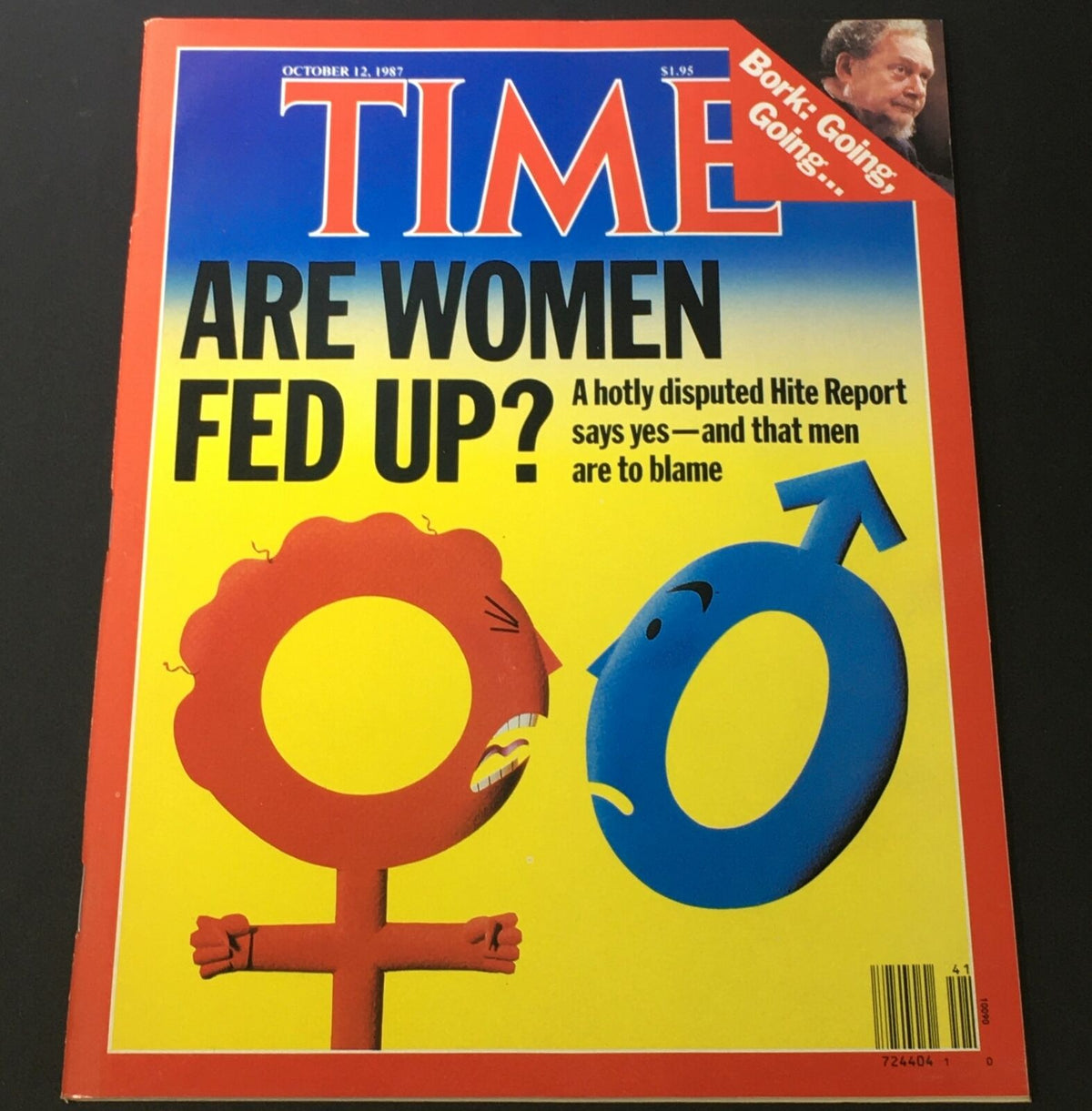 Vintage Time Magazine cover from October 12, 1987, featuring the title 'Are Women Fed Up?' along with a visual representation of gender dynamics, highlighting societal discussions from the era.