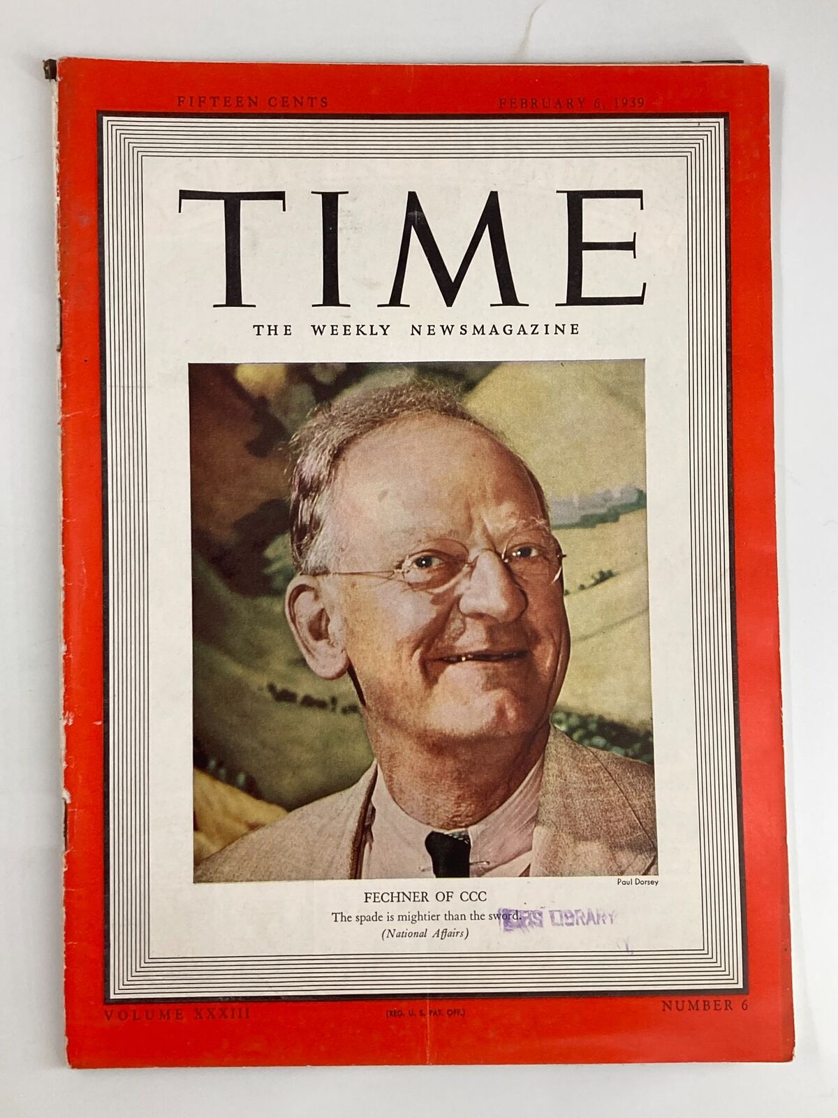 VTG Time Magazine February 6 1939 featuring Robert Fechner, director of the Civilian Conservation Corps, with a captivating cover portrait.