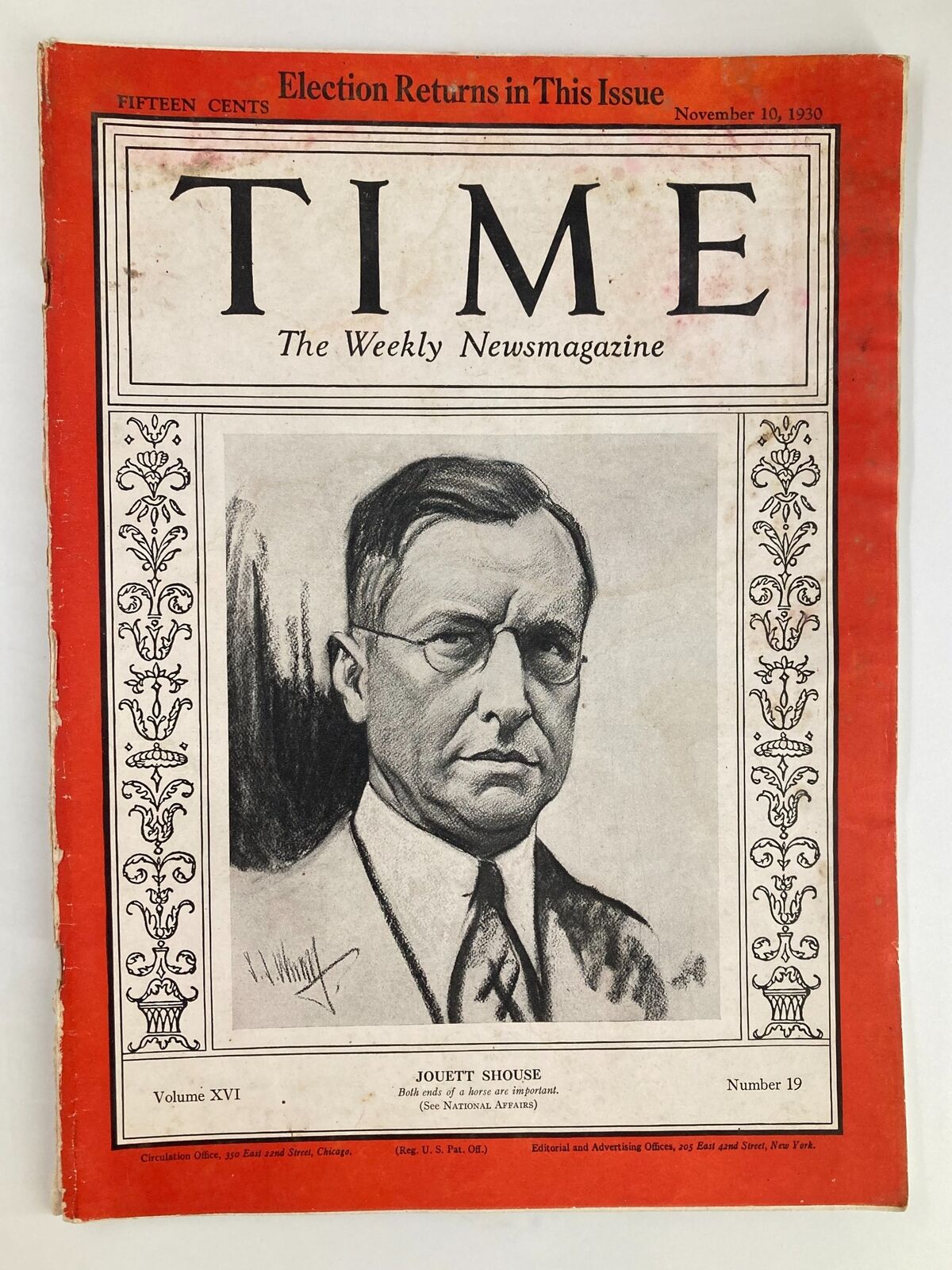 Front page of VTG Time Magazine, November 10, 1930, showcasing the illustration of lawyer Jouett Shouse.