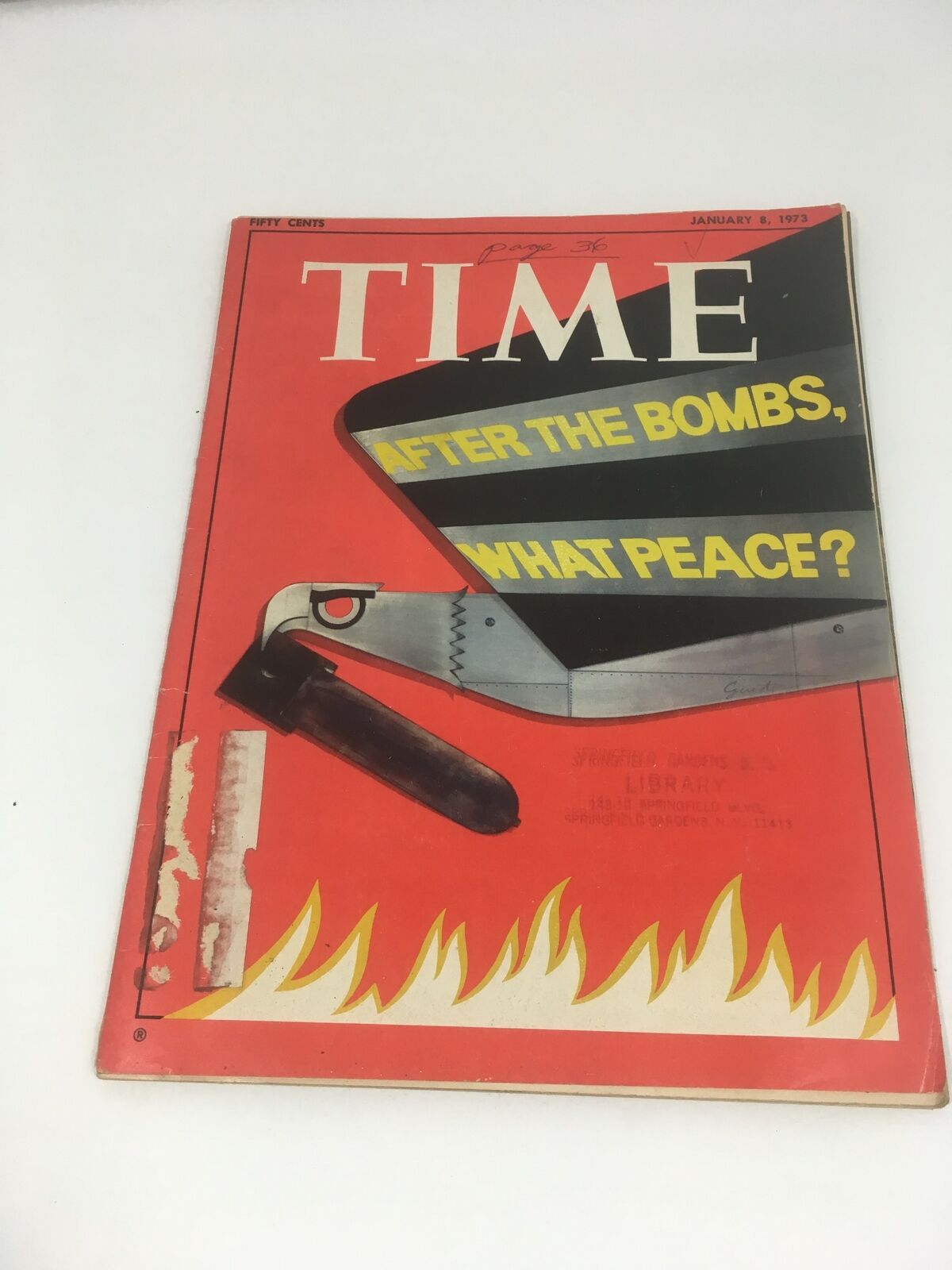 Time Magazine cover from January 8, 1973, featuring the headline 'After the Bombs, What Peace?' with a bold red background and striking graphic elements.