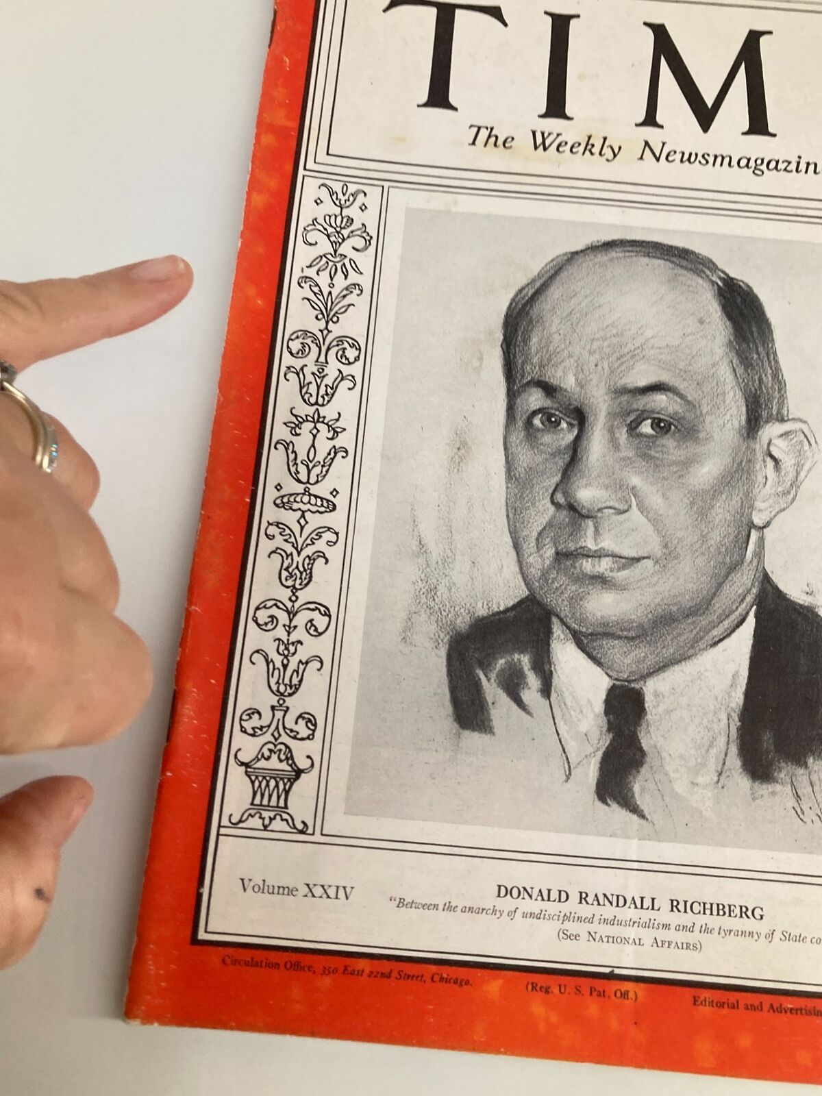 Close-up of the cover of VTG Time Magazine from September 10, 1934, highlighting Donald Randall Richberg, Volume XXIV, Number 11.