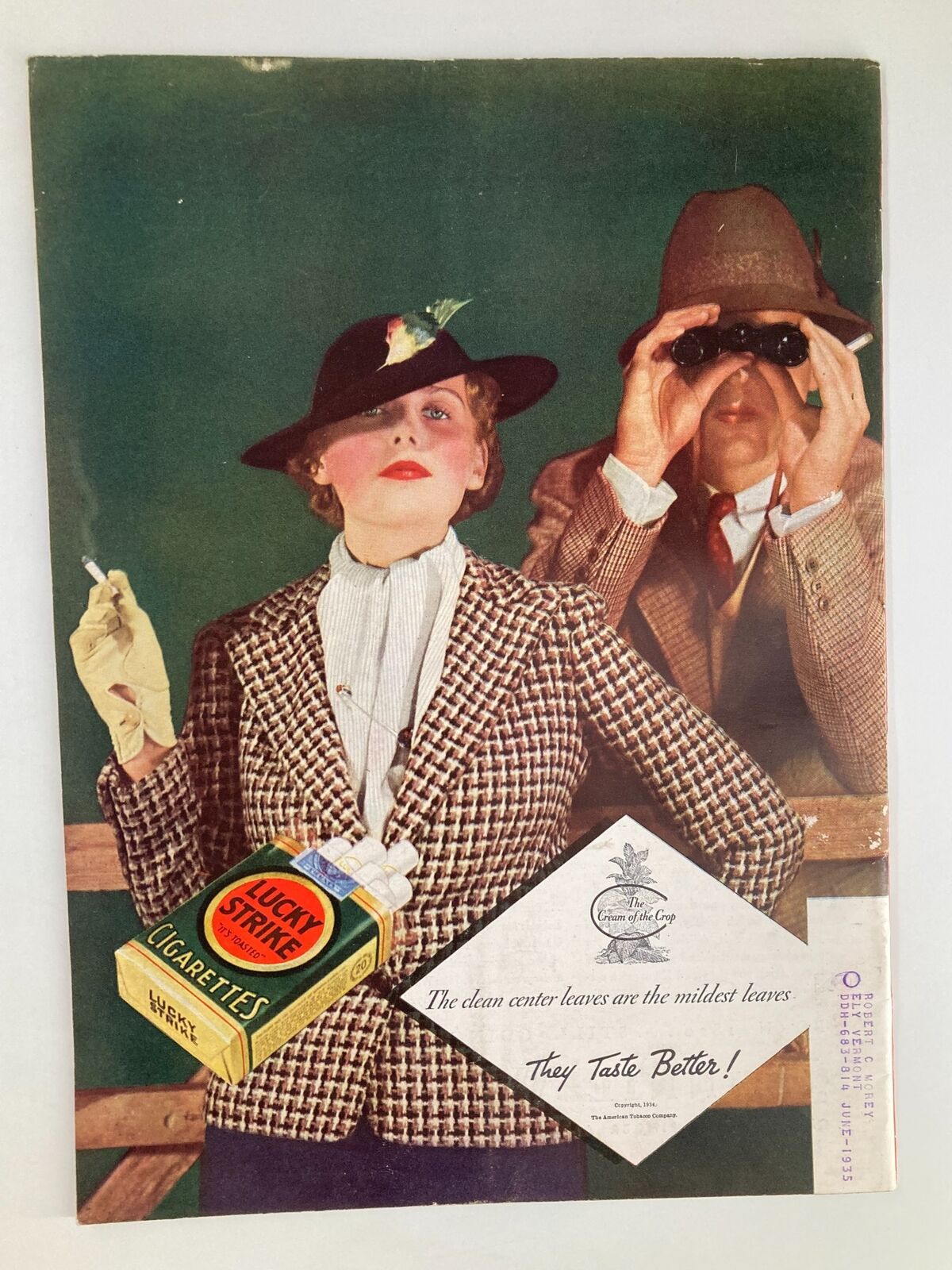 VTG Time Magazine September 10 1934 showcasing a vintage advertisement featuring a woman in a fashionable outfit holding a Lucky Strike cigarettes pack, with a man binoculars in the background.