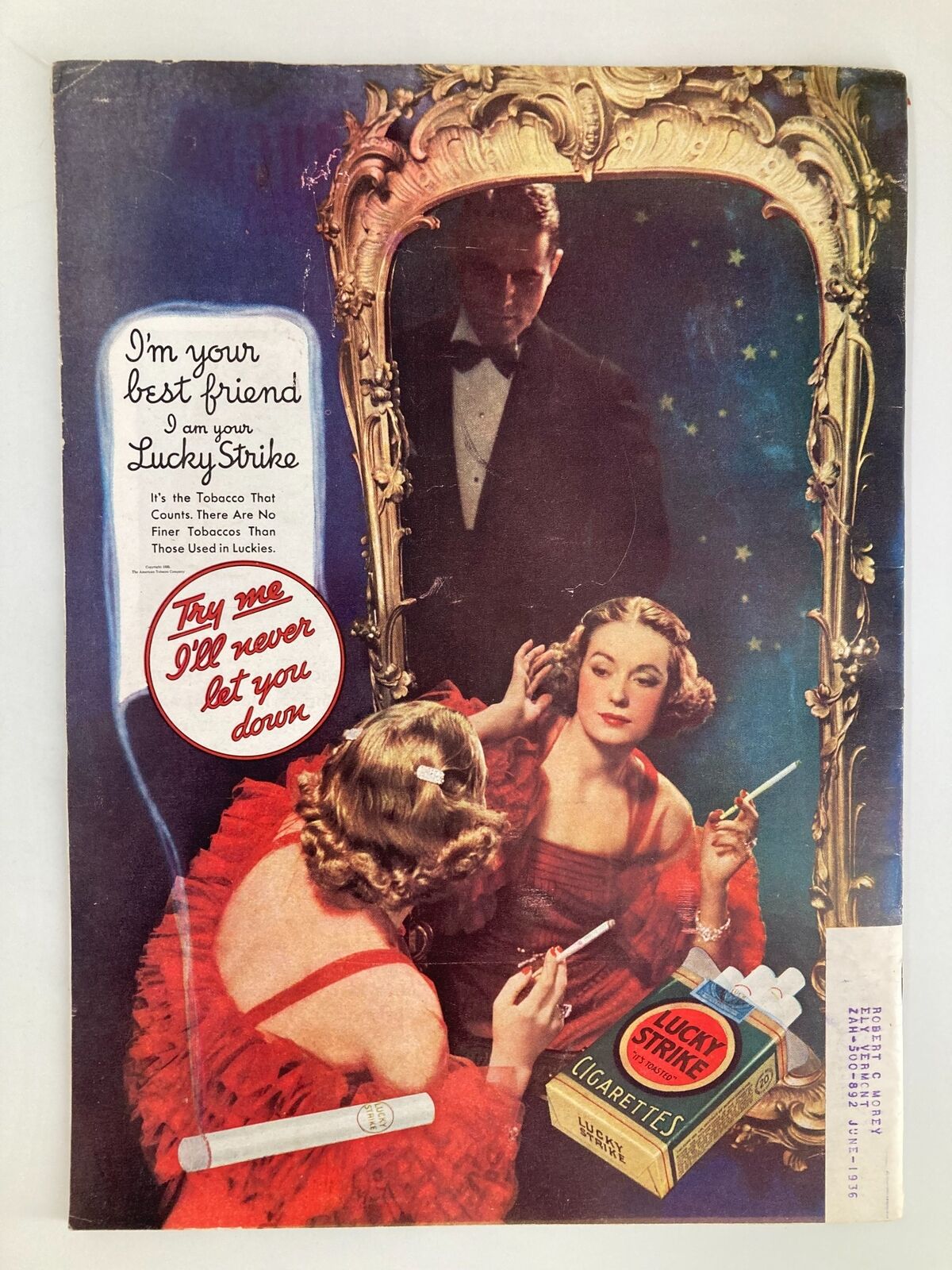 Vintage advertisement page from a 1935 magazine, featuring a glamorous scene with women and the Lucky Strike cigarette brand, illustrating 1930s fashion and marketing.