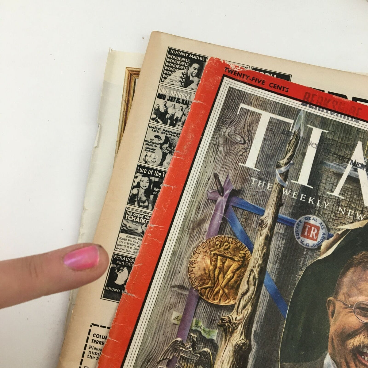 Interior view of Time Magazine from March 3, 1958, showing the cover and advertisements, highlighting the vintage appeal and cultural context of the era.