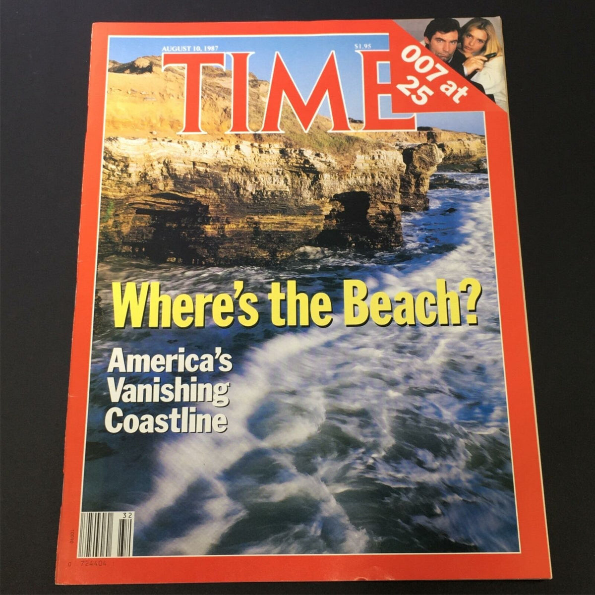 Cover of VTG Time Magazine August 10, 1987 featuring the headline 'Where's the Beach? America's Vanishing Coastline' with a coastal image and a note celebrating '007 at 25'.