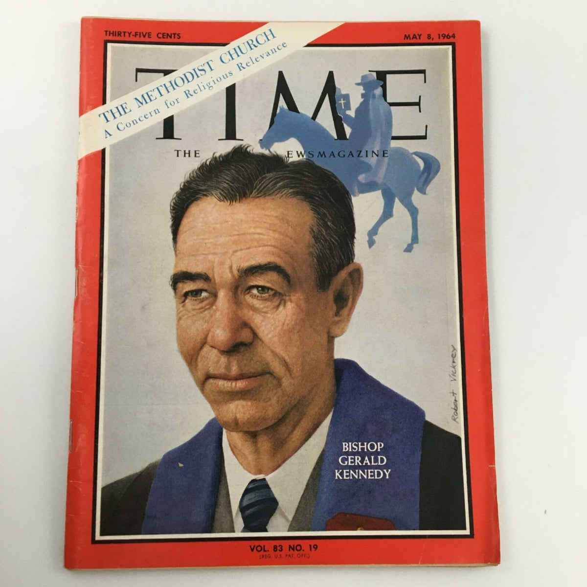VTG Time Magazine May 8, 1964 featuring Bishop Gerald Kennedy on the cover, highlighting the theme of The Methodist Church and its relevance, with a classic red border and illustration of a horseman.