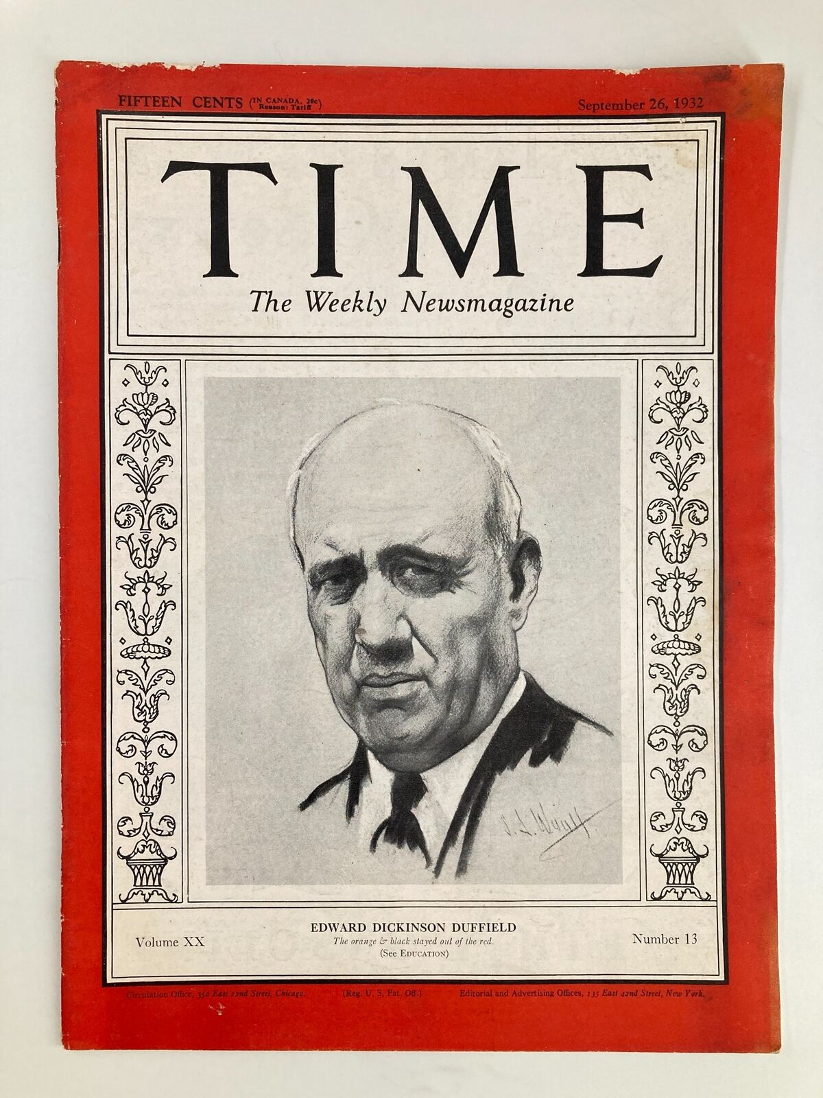 VTG Time Magazine September 26 1932 Edition displaying the cover art with Edward Dickinson Duffield, highlighting the vintage style and significant historical context.