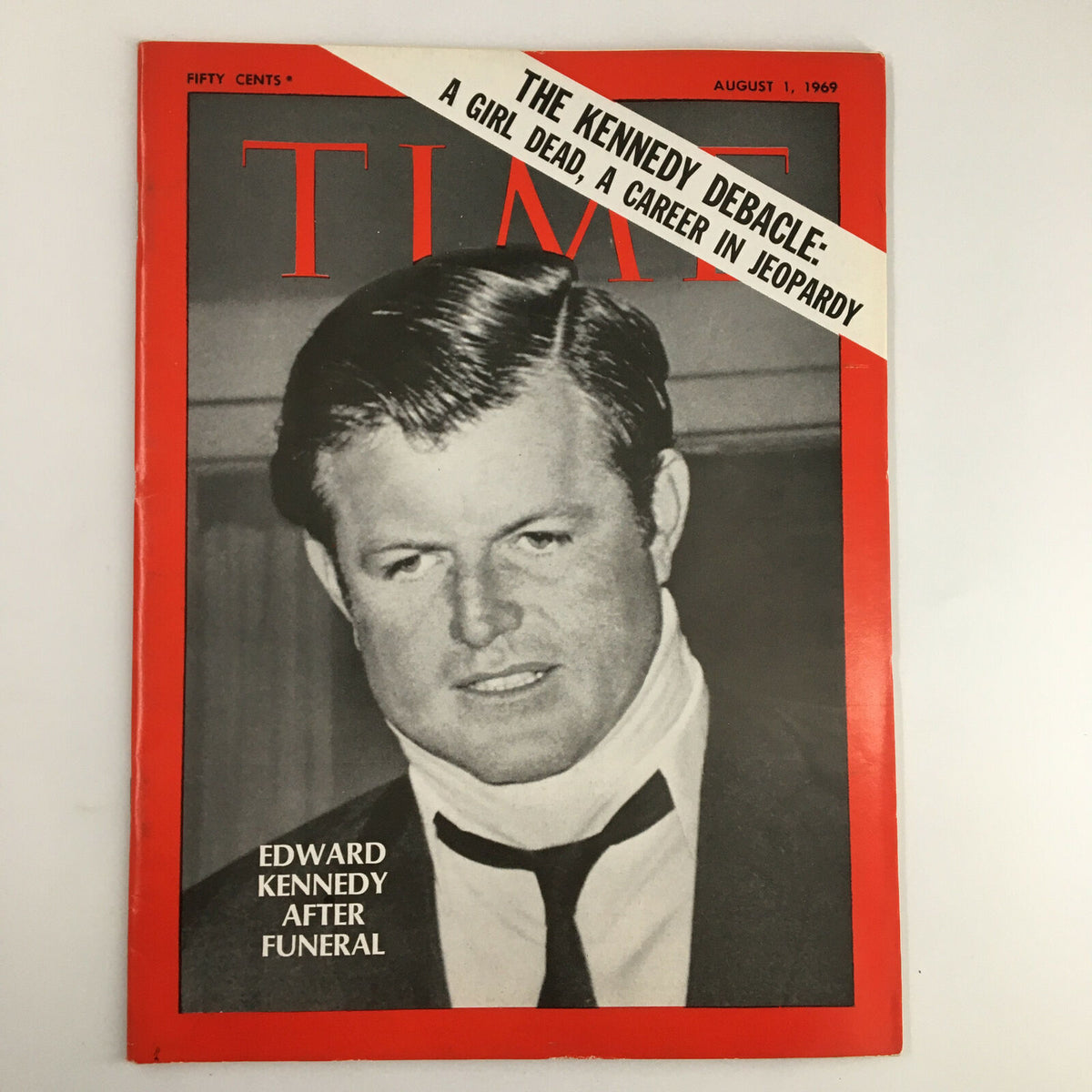 Vintage Time Magazine from August 1, 1969, featuring Edward Kennedy after the funeral, with a striking cover story and historical significance.