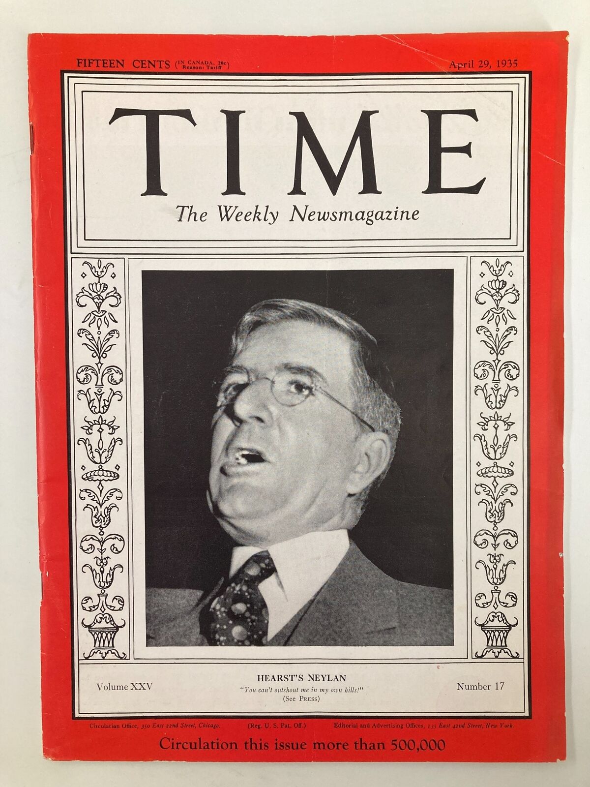 Vintage Time Magazine April 29 1935 Vol 25 #17 Hearst's John Francis Neylan
