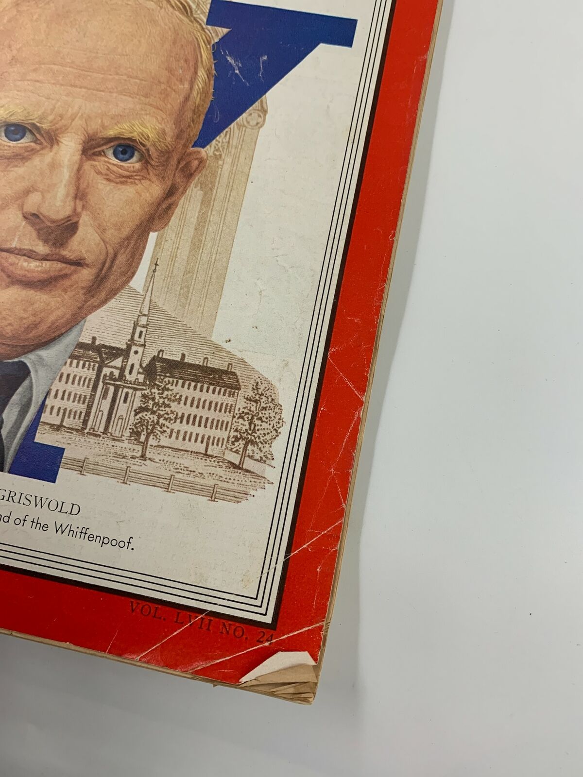 Close-up of the cover of VTG Time Magazine June 11 1951, highlighting Yale's President Alfred Whitney Griswold and the surrounding architecture.
