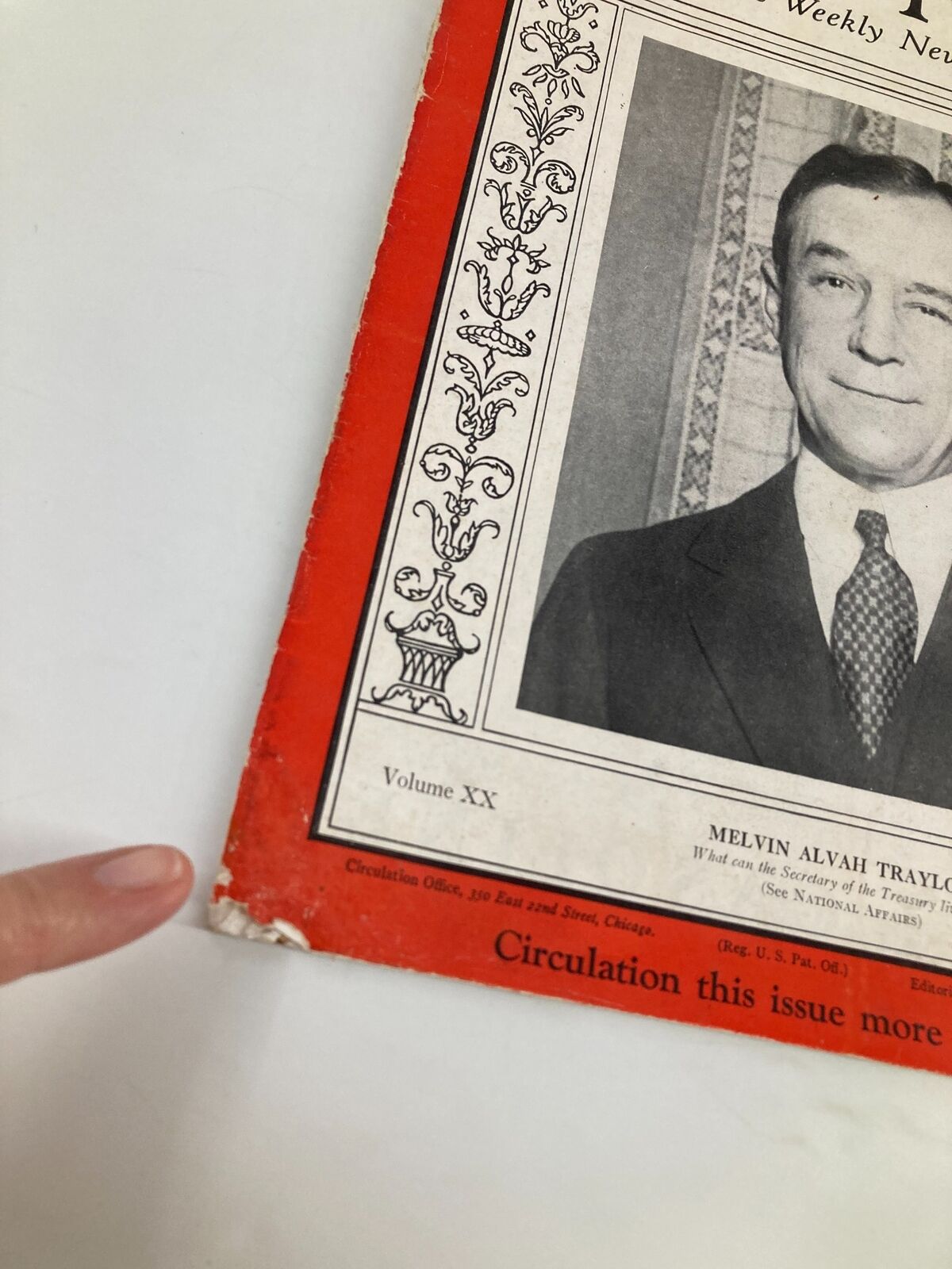 VTG Time Magazine November 21 1932 Cover featuring Melvin Alvah Traylor, showing vintage design elements with characteristic wear.