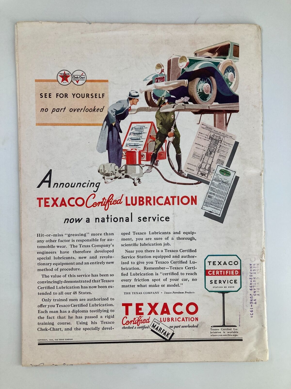 VTG Time Magazine November 21 1932 back cover advertising Texaco Certified Lubrication services with vintage illustrations of automobile maintenance.