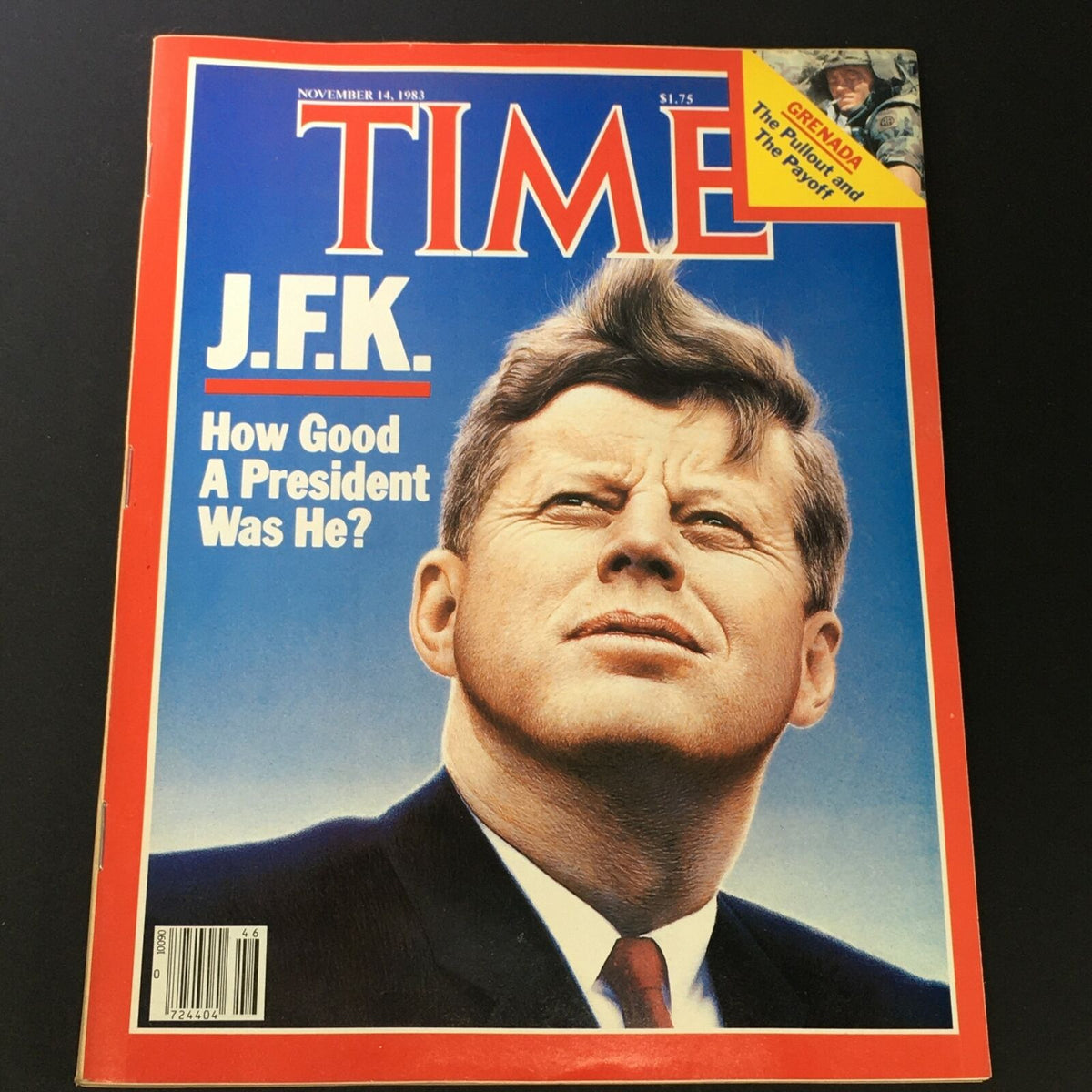 VTG Time Magazine from November 14, 1983, featuring John F. Kennedy on the cover, with bold text asking 'How Good A President Was He?', showcasing a striking illustration of JFK.