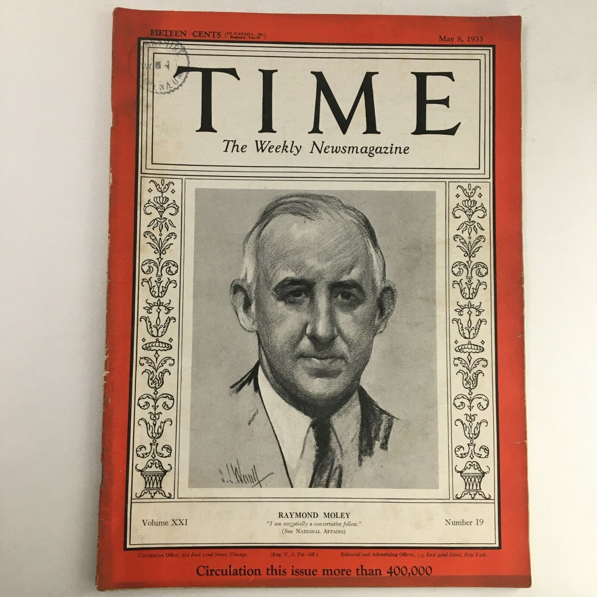 Cover of Time Magazine from May 8, 1933, featuring political figure Raymond Moley, Vol 21 #19 edition. The magazine's historical significance lies in its representation of the New Deal era.