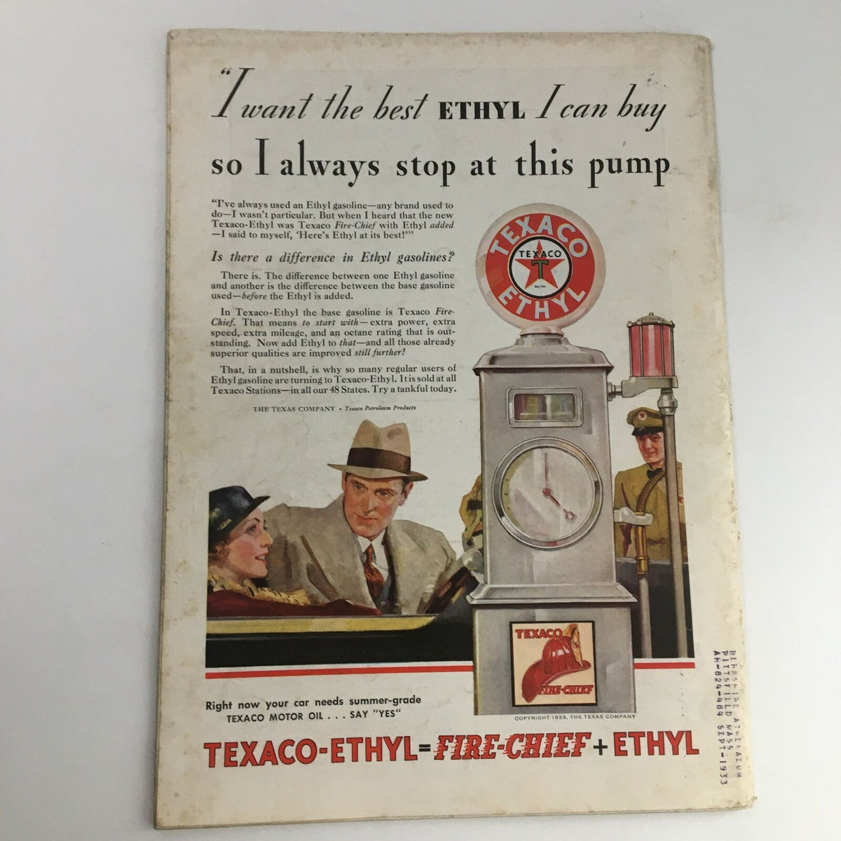 Vintage advertisement for Texaco Ethyl gasoline featuring a man in a suit and a woman in a hat near a gas pump. The ad promotes Texaco-ethyl Fire-Chief and includes the phrase 'I want the best ETHYL I can buy so I always stop at this pump'. This ad complements the Time Magazine May 8 1933 Vol 21 #19 featuring political figure Raymond Moley.
