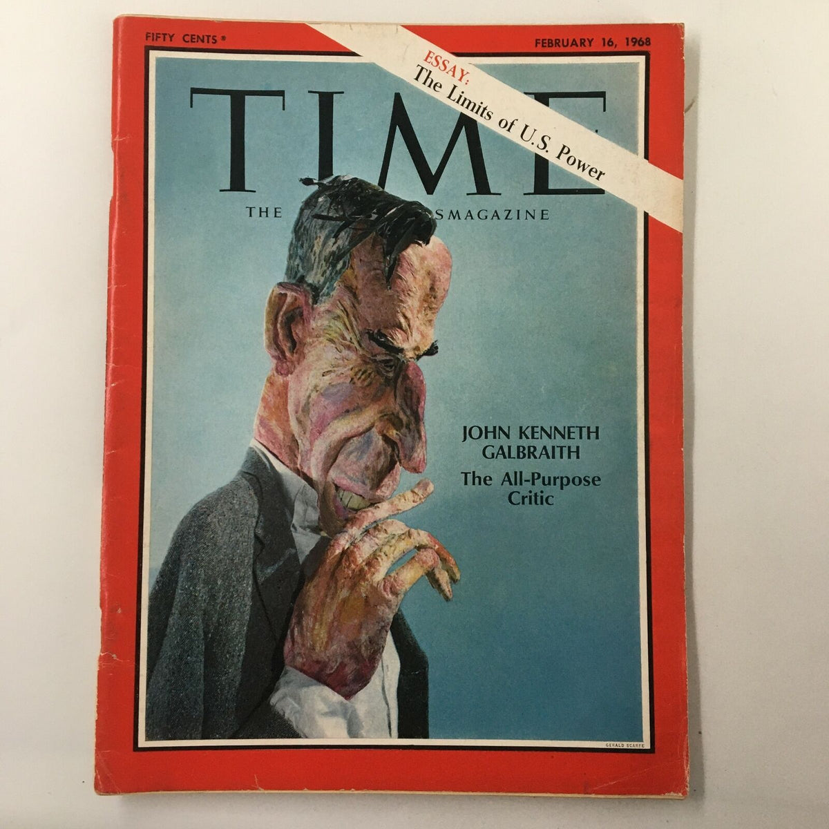 VTG Time Magazine February 16 1968 featuring John Kenneth Galbraith on the cover, showcasing a colorful illustration with the headline 'The All-Purpose Critic' and a banner noting an essay on 'The Limits of U.S. Power.'