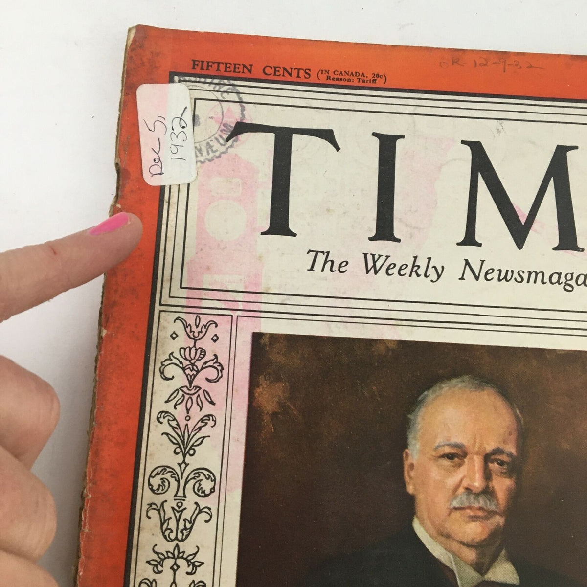 Close-up view of the Time Magazine cover showing date and minor details, featuring Vice President Charles Curtis, December 5, 1932.