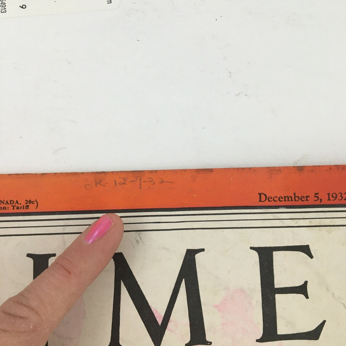Written date and details on the spine of Time Magazine, December 5, 1932, Volume 20, Issue 23.