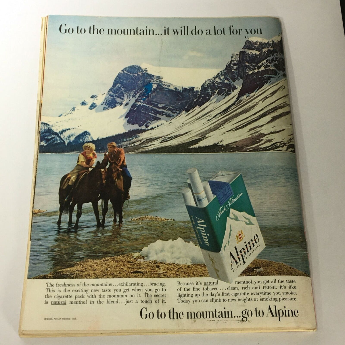 Back page of the VTG Time Magazine October 24, 1960 featuring an advertisement for Alpine cigarettes, depicting a scenic mountain landscape.