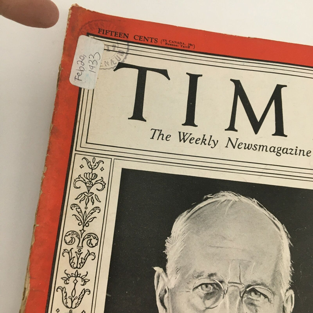 Close-up of the Time Magazine cover from February 20, 1933 featuring Brigadier General William Wallace Atterbury, showcasing the publication's title and a vintage price label.