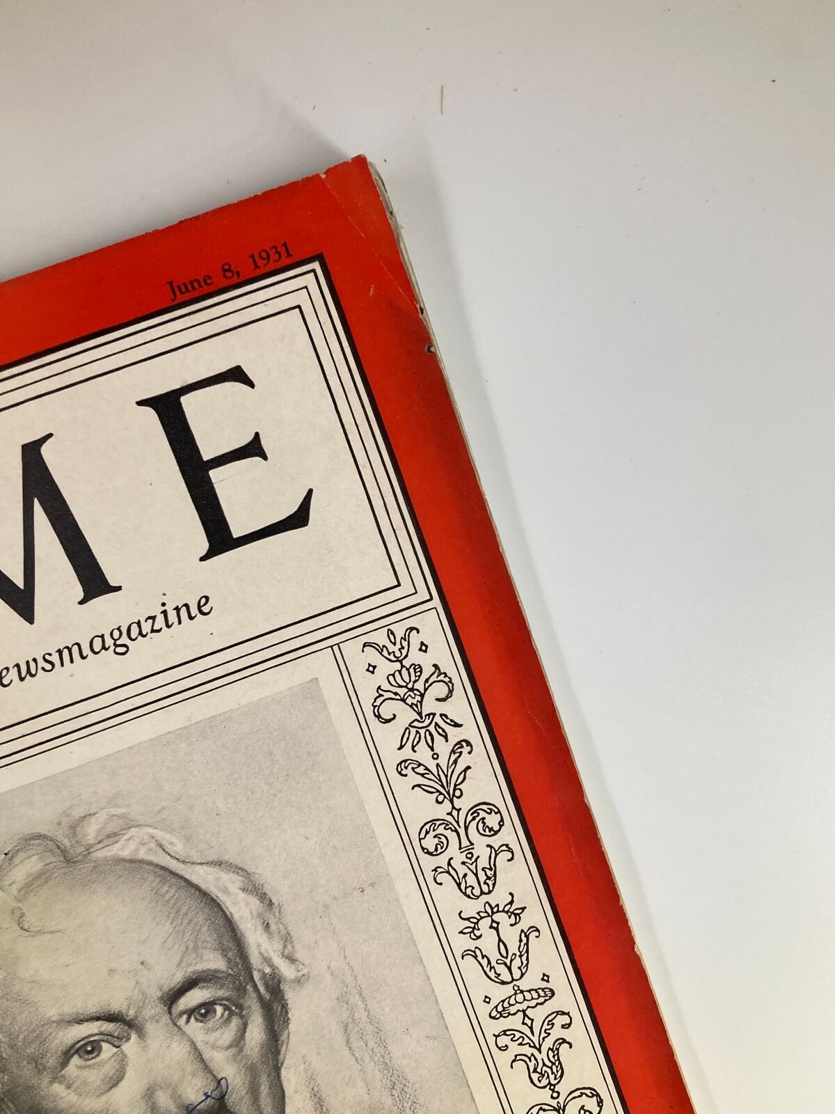 Close-up view of VTG Time Magazine June 8, 1931 cover, highlighting the publication date and distinctive red border.