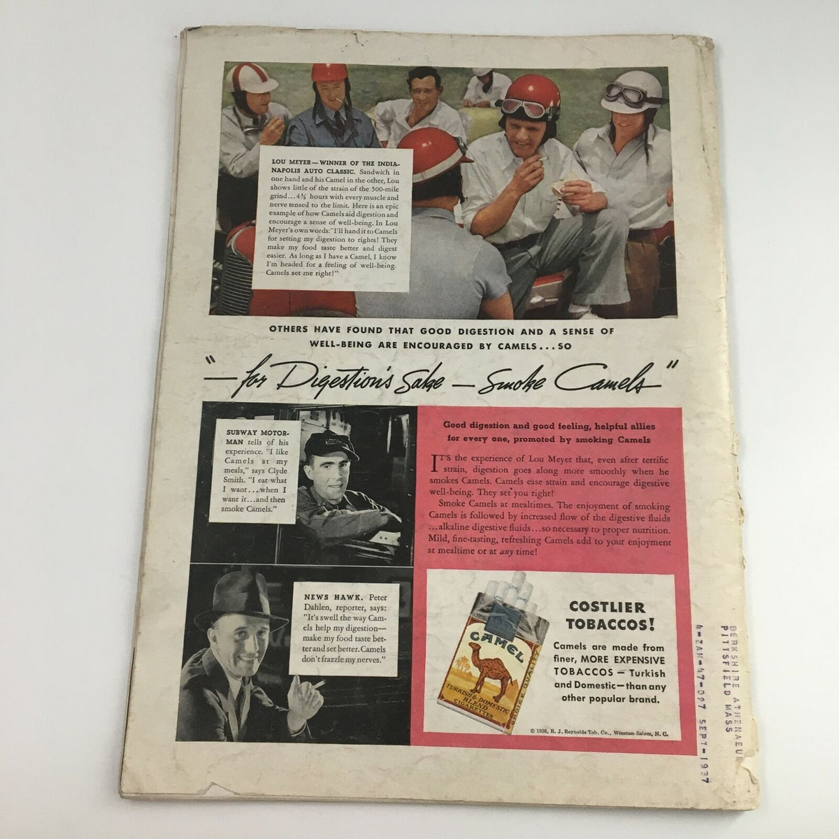 Back cover of Time Magazine August 31 1936 Vol 28 #9 showcasing a vintage advertisement for Camel cigarettes with illustrations and text promoting digestion benefits.