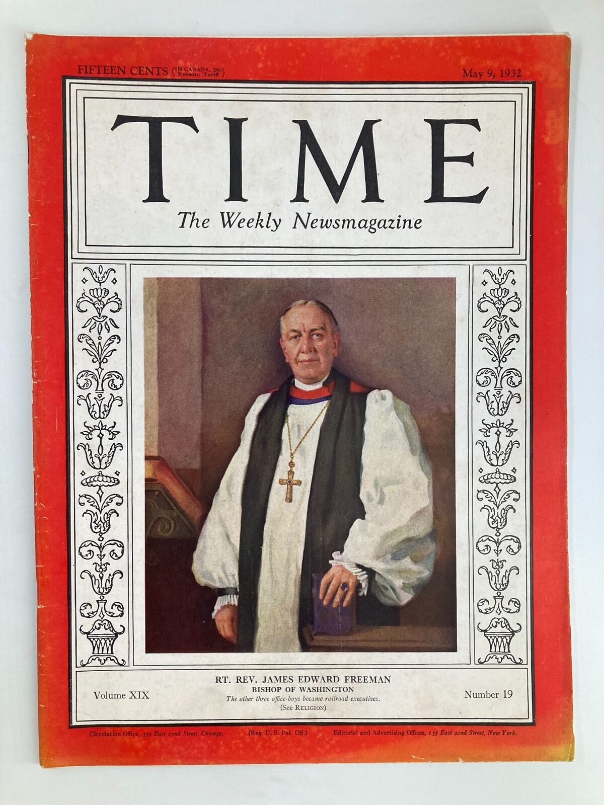 Vintage Time Magazine cover from May 9, 1932, featuring Rt. Rev. James Edward Freeman, Volume 19, Number 19.