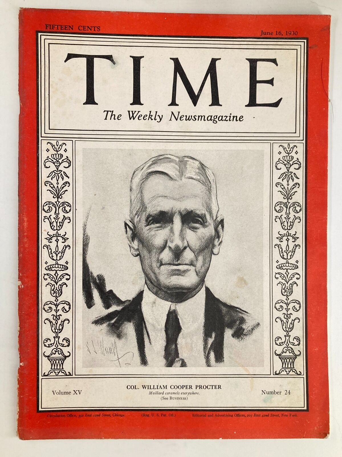 Cover of VTG Time Magazine from June 16, 1930, featuring Colonel William Cooper Procter, Volume 15, Number 24. The magazine showcases historical design elements and typography, perfect for collectors and history enthusiasts.