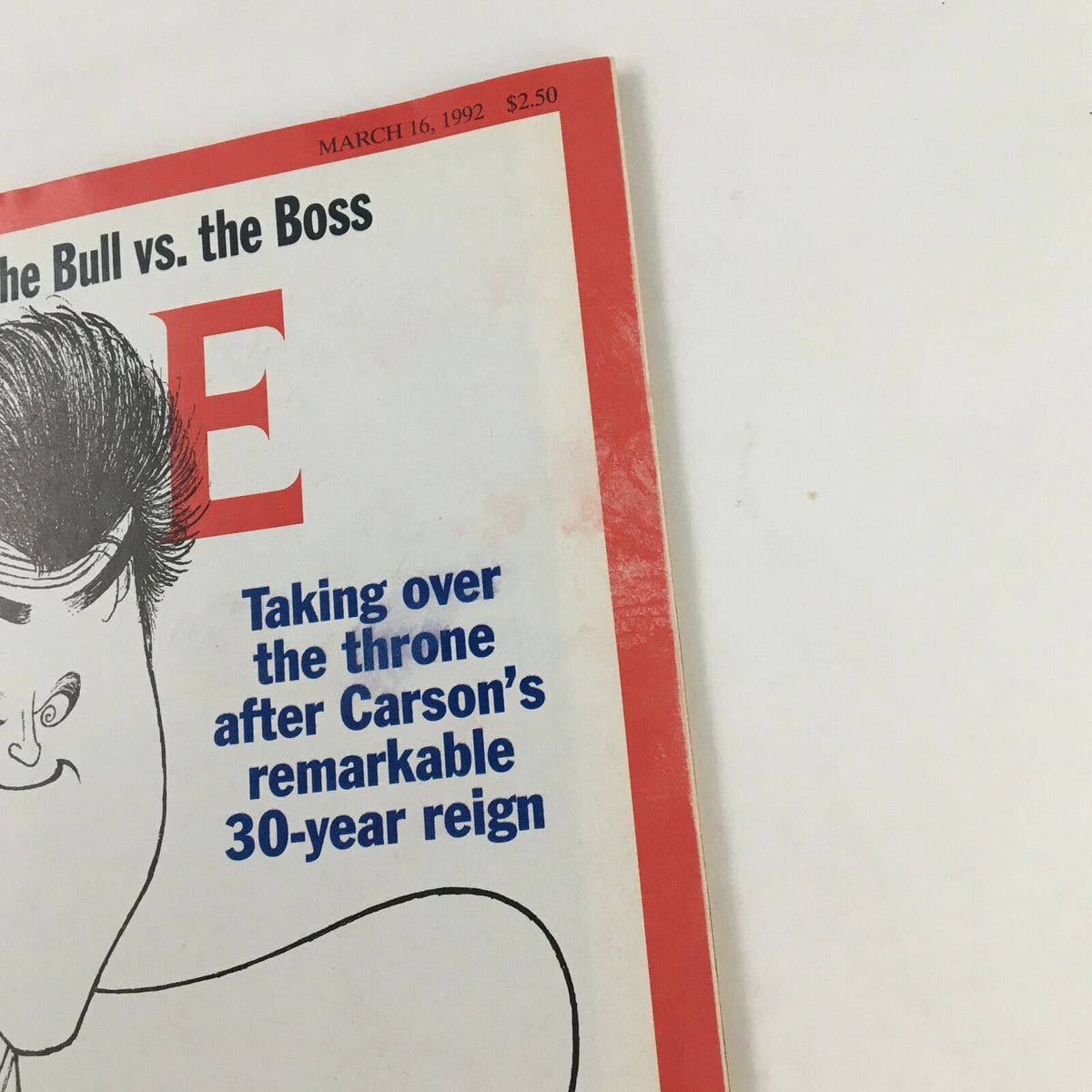 Close-up of Time Magazine March 16, 1992, showcasing the cover text about Jay Leno taking over the throne after Johnny Carson's remarkable 30-year reign.