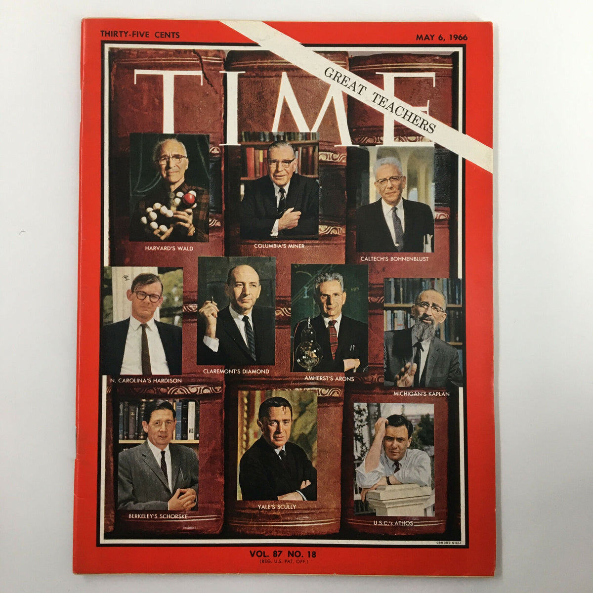 VTG Time Magazine May 6 1966 featuring Harvard's Wald and Columbia's Miner on the cover, showcasing notable teachers with a red border.