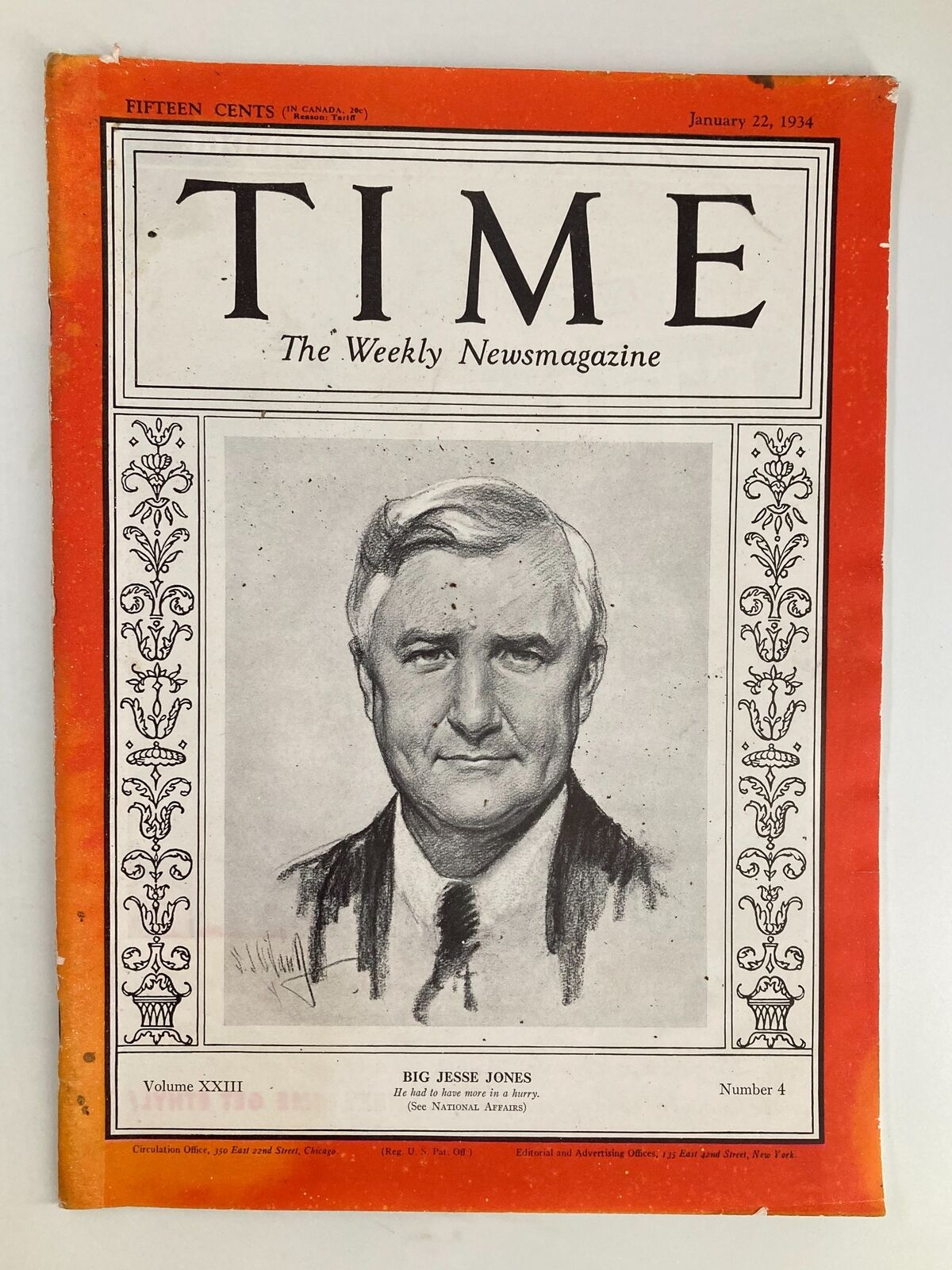 Cover of VTG Time Magazine January 22 1934 Vol 23 No. 4 featuring Big Jesse Jones, showcasing a portrait illustration of Jones along with the magazine's title and publication date.