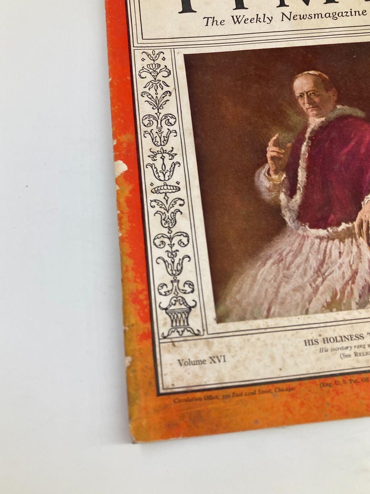 Cover of VTG Time Magazine December 29 1930 Vol 16 No. 26 featuring His Holiness Pope Pius XI, showcasing vintage design elements.