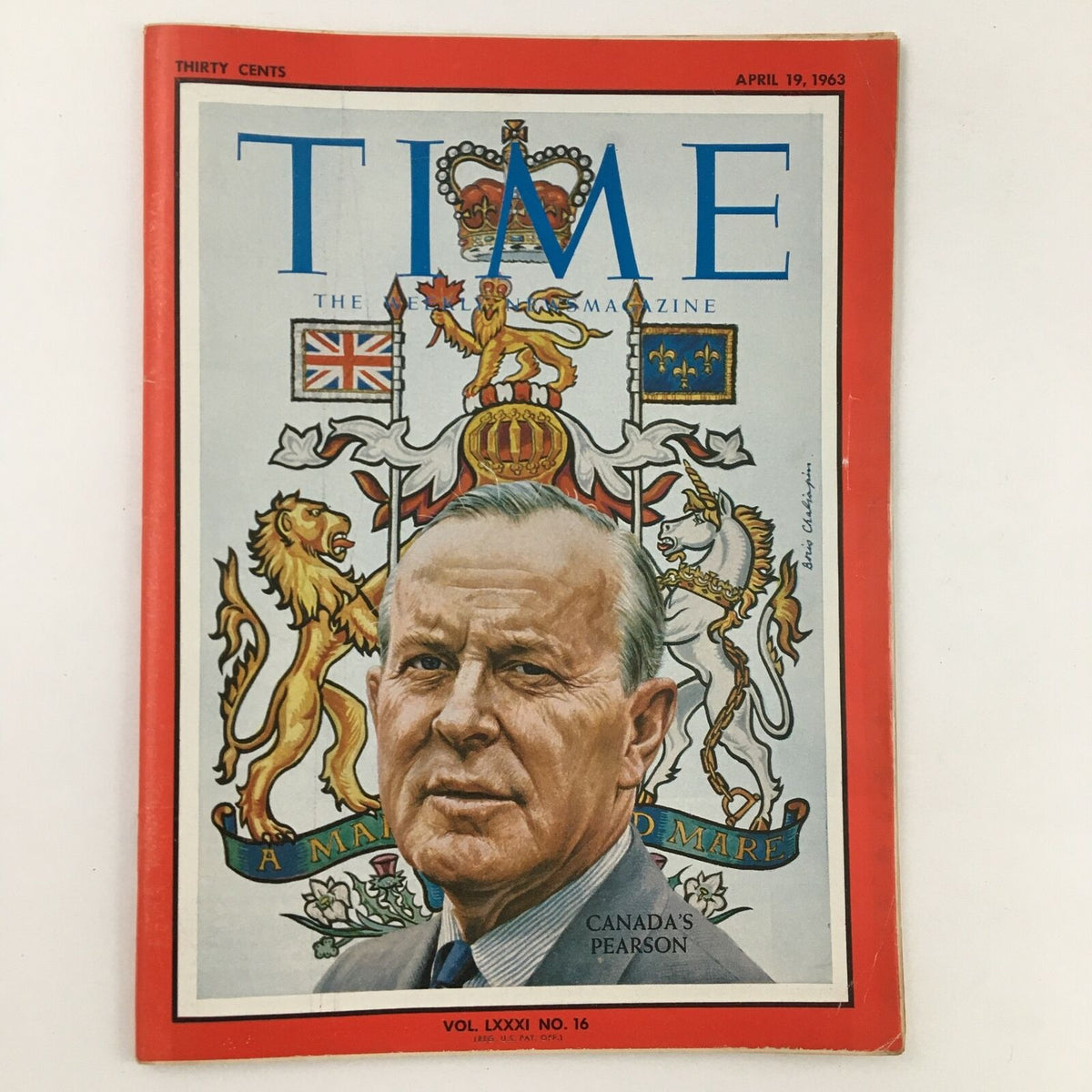 Time Magazine April 19 1963 Cover featuring Canadian Prime Minister Lester Pearson, showcasing historic artwork and design elements.