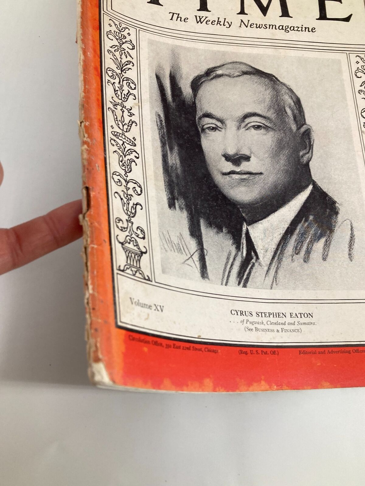 Side view of the Vintage Time Magazine February 24, 1930 with Cyrus Stephen Eaton on the cover. The magazine shows the volume number and publisher details.