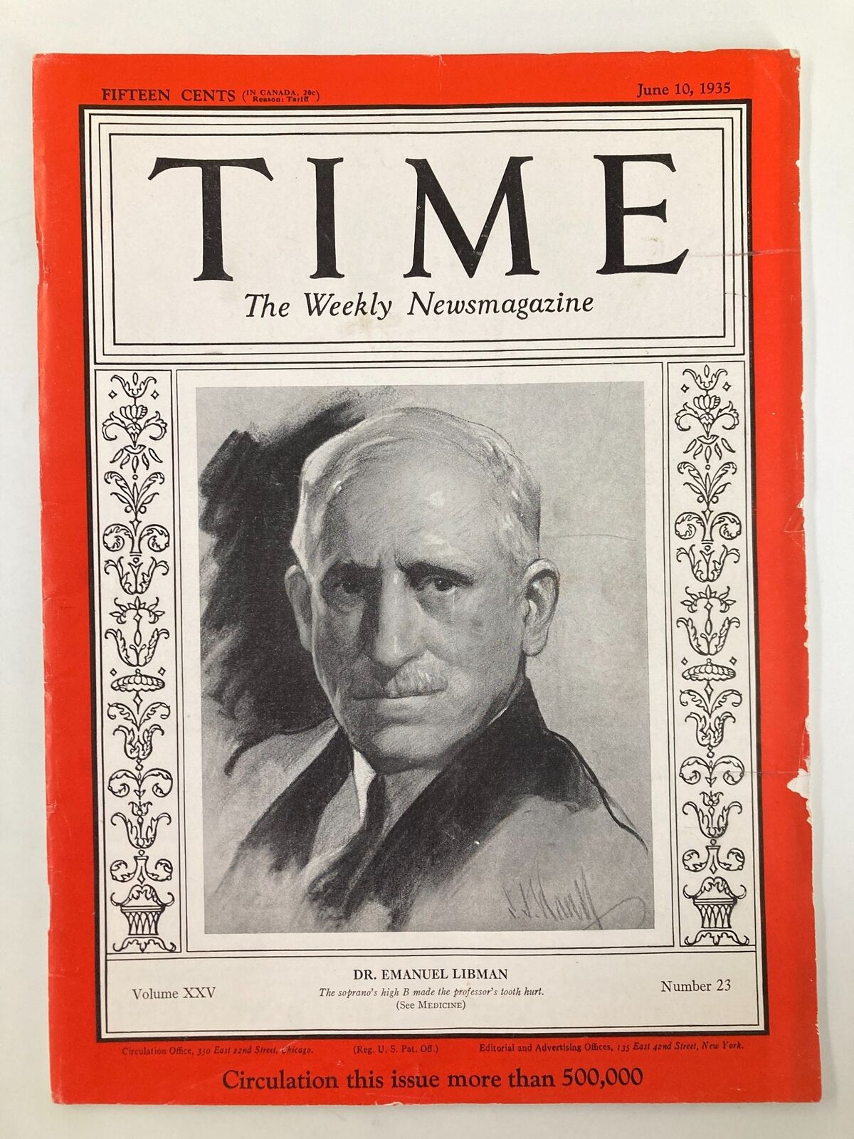 Vintage Time Magazine June 10, 1935 featuring Dr. Emanuel Libman on the cover, showcasing his portrait and highlighting the issue's focus on medicine.