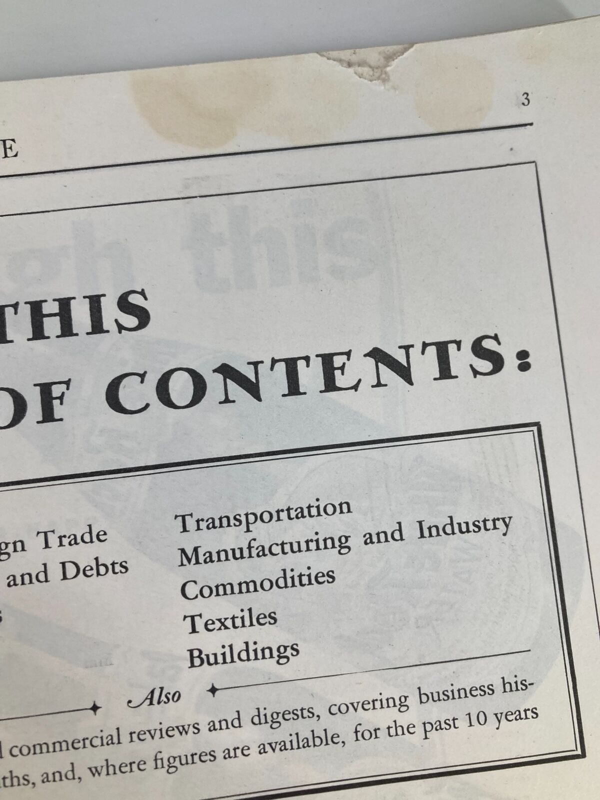 Table of contents from a vintage Time Magazine dated November 28, 1932, highlighting sections related to economic topics.