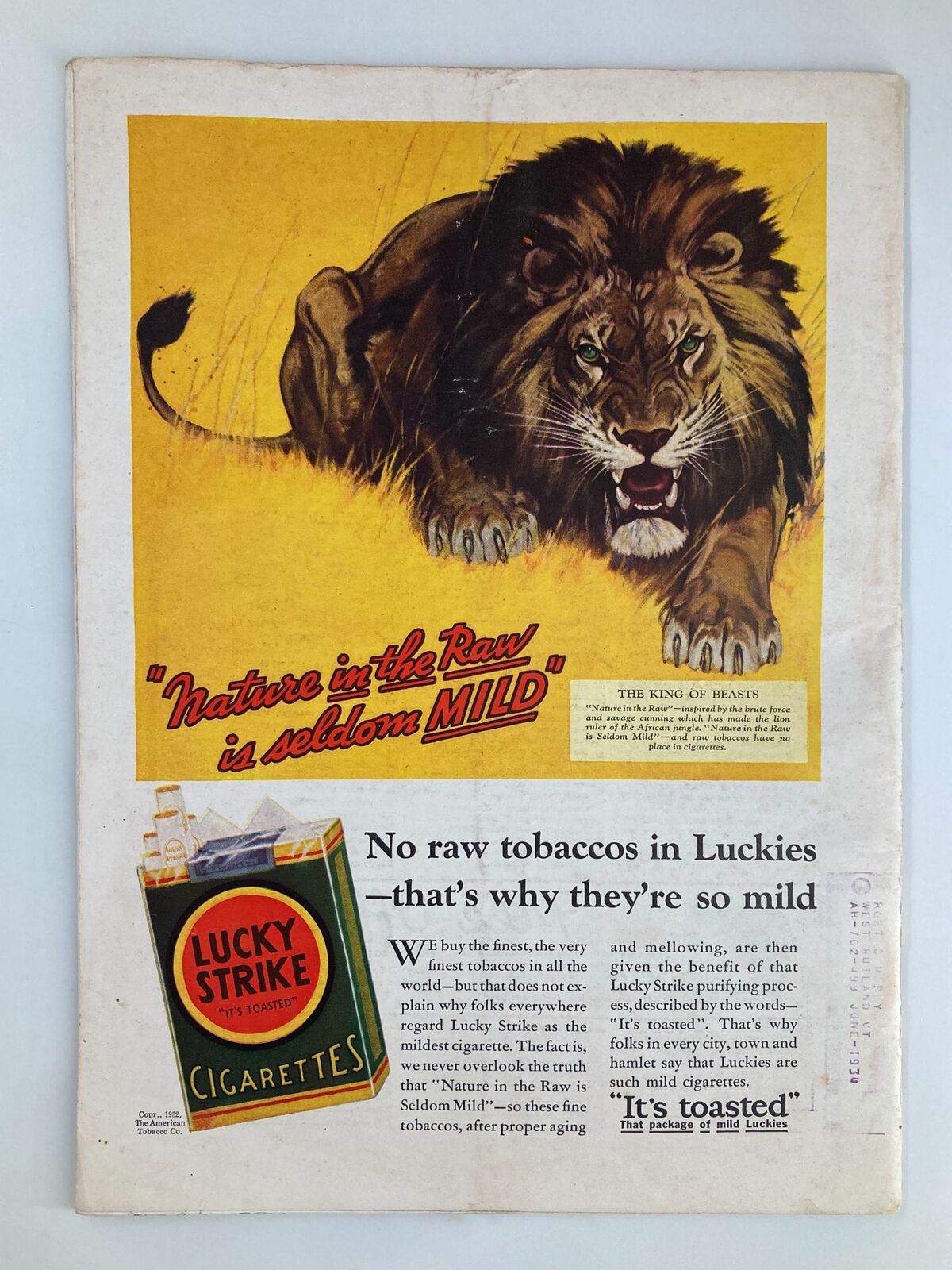 Back cover of a vintage Time Magazine from November 28, 1932, featuring an advertisement for Lucky Strike cigarettes with a roaring lion illustration.