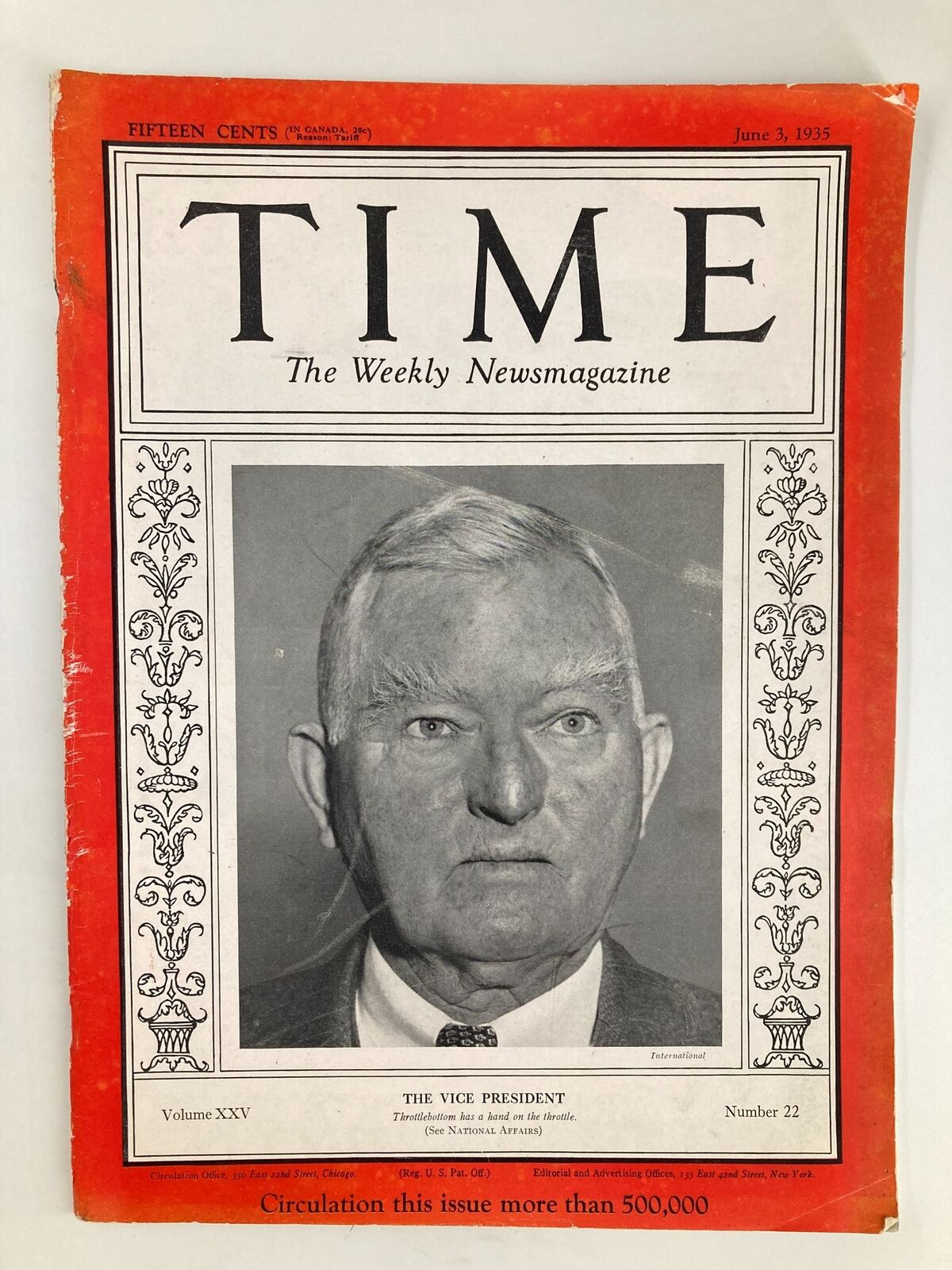 Cover of VTG Time Magazine June 3 1935, Volume 25, Number 22 featuring Vice President John Nance Garner, showcasing a historical photograph and vintage design.