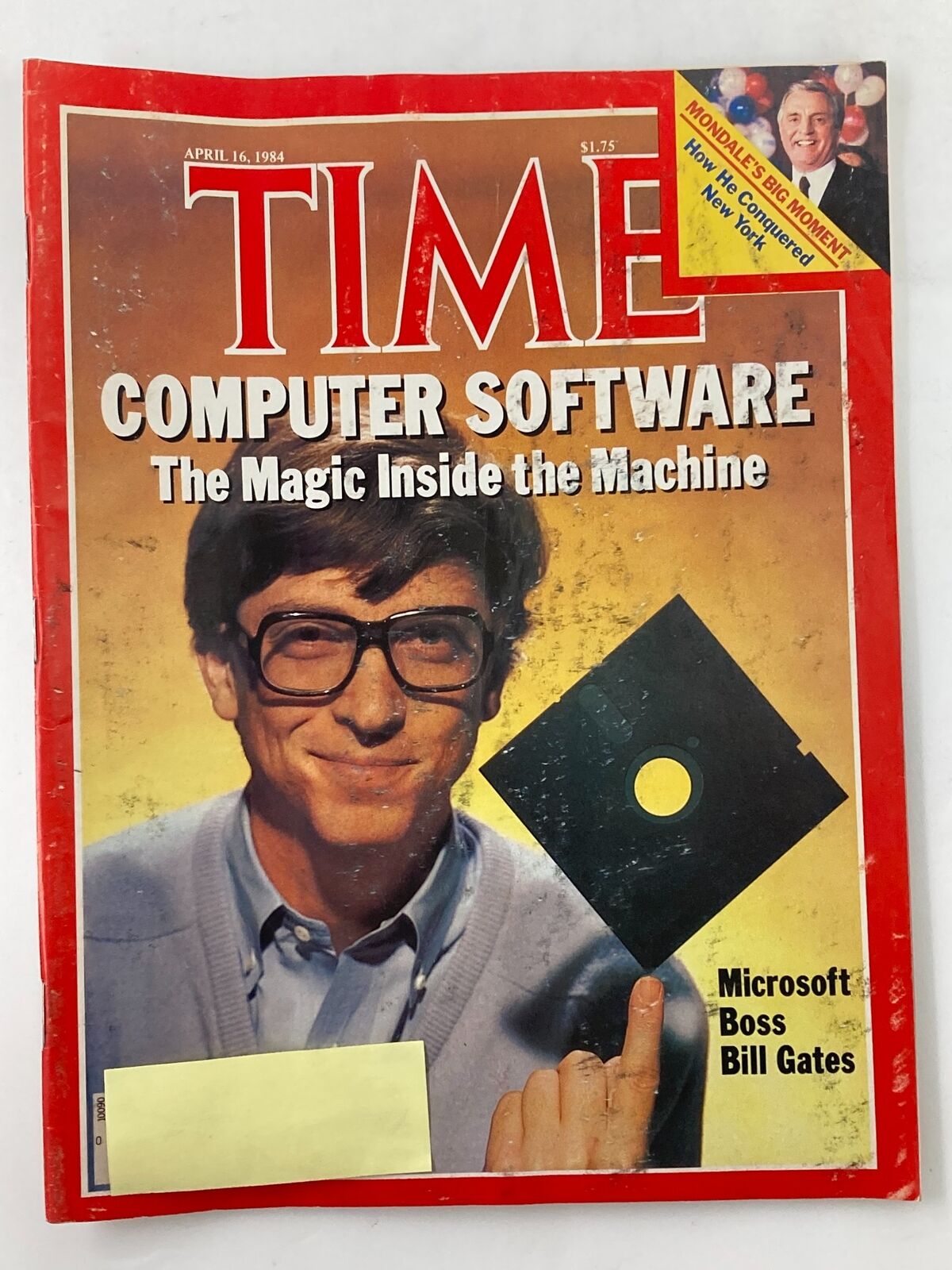 Vintage Time Magazine cover from April 16, 1984 featuring Bill Gates, titled 'The Magic Inside the Machine', showcasing computer software.