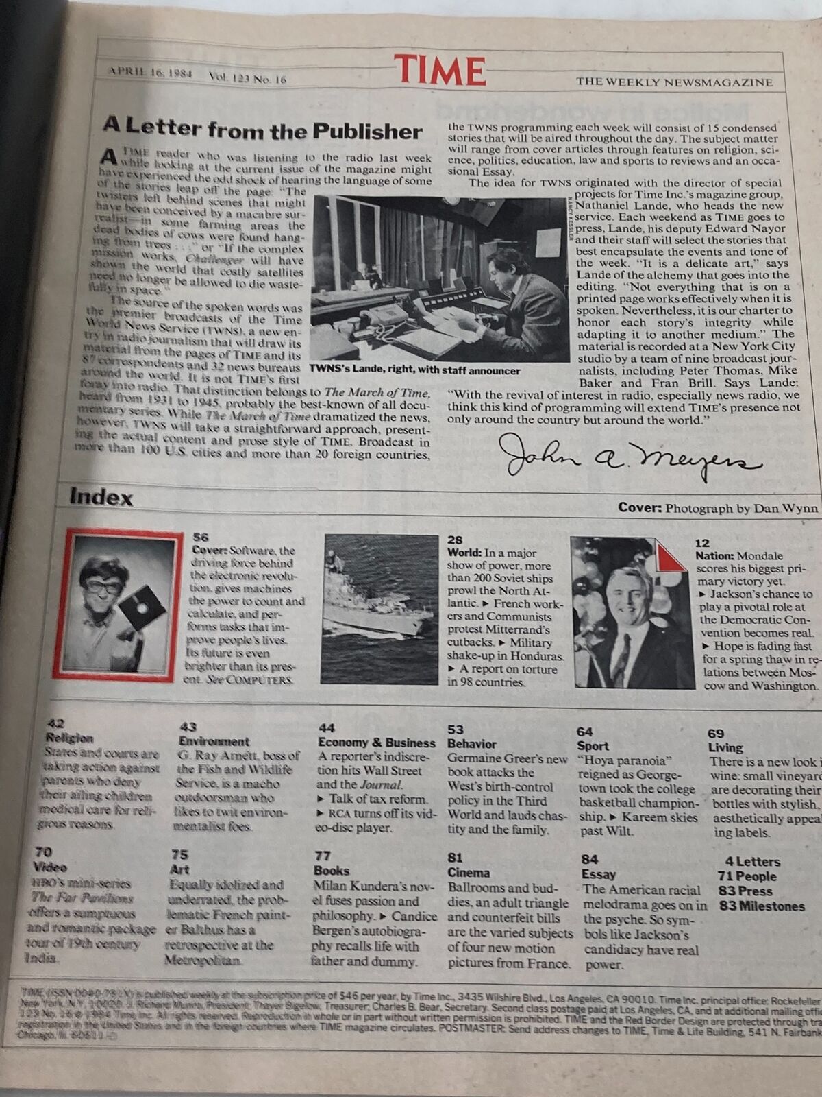 Inside page of the vintage Time Magazine from April 16, 1984, featuring a letter from the publisher and an index related to the issue covering technology.
