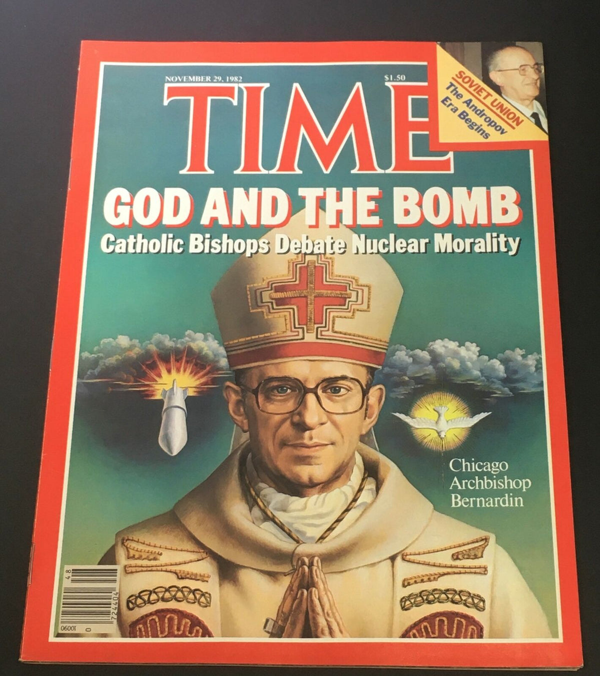 Vintage Time Magazine from November 29, 1982, featuring a cover story titled 'God and the Bomb: Catholic Bishops Debate Nuclear Morality,' showcasing Chicago Archbishop Bernardin.