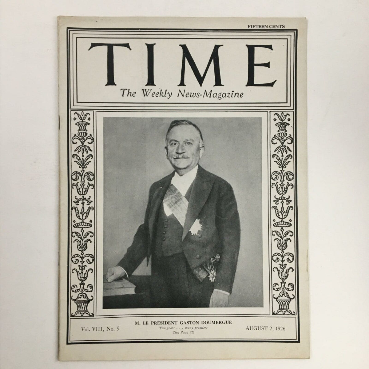VTG Time Magazine August 2, 1926, Vol VIII No. 5 featuring M. Le Président Gaston Doumergue on the cover. A vintage collectible magazine capturing history from the 1920s.