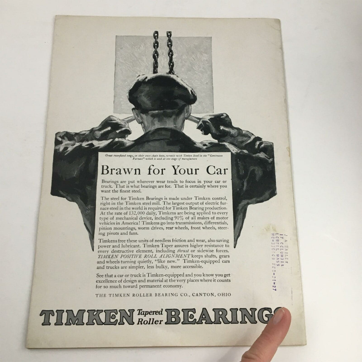 Vintage advertisement for Timken Tapered Roller Bearings, featuring the slogan 'Brawn for Your Car'. This advertisement emphasizes the quality and reliability of Timken bearings, suitable for automotive use. This image complements the vintage Time Magazine from August 2, 1926, which features President Gaston Doumergue.