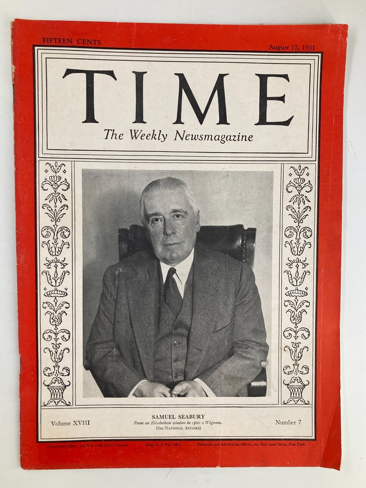 Cover of VTG Time Magazine August 17 1931 Vol 18 No. 7 featuring Samuel Seabury, showcasing vintage design and historical context.