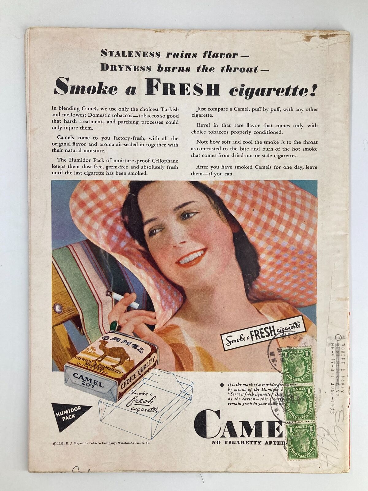 Back cover of VTG Time Magazine August 17 1931 Vol 18 No. 7 with an advertisement for Camel cigarettes, featuring a woman and classic design.