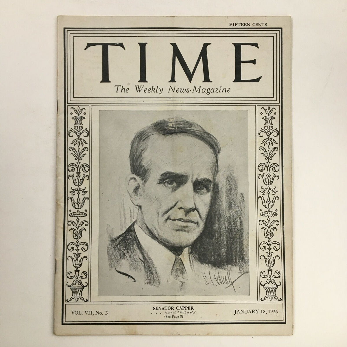 Vintage Time Magazine cover from January 18, 1926, featuring Senator Arthur Capper, Volume VII No. 3, showcasing historical journalism.