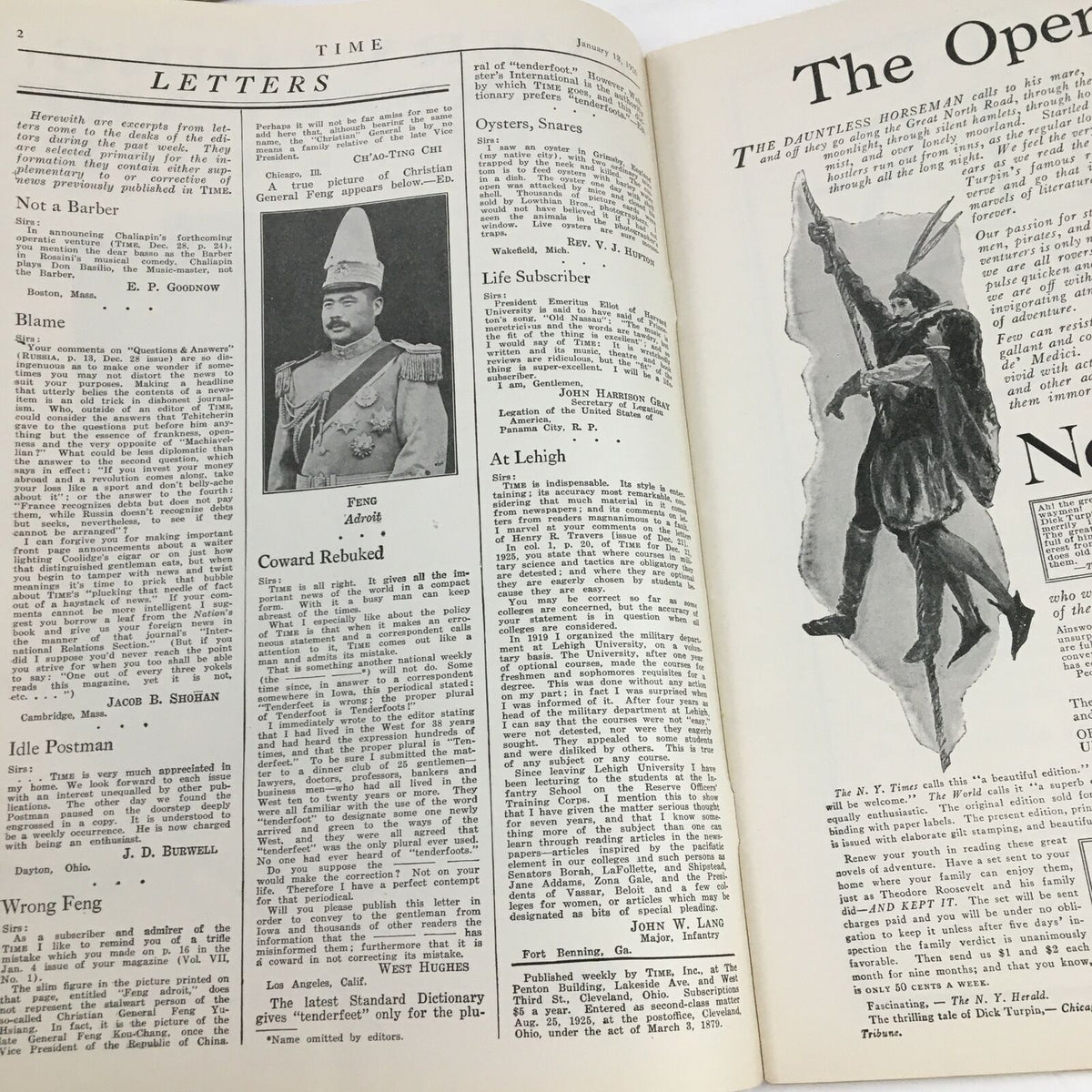 Inside pages of the vintage January 18, 1926 issue of Time Magazine featuring letters and articles, showcasing the editorial style and content relevant to historical events, including a prominent discussion on political figures, identified by the title 'VTG Time Magazine January 18 1926 Vol VII No. 3 Senator Arthur Capper'.