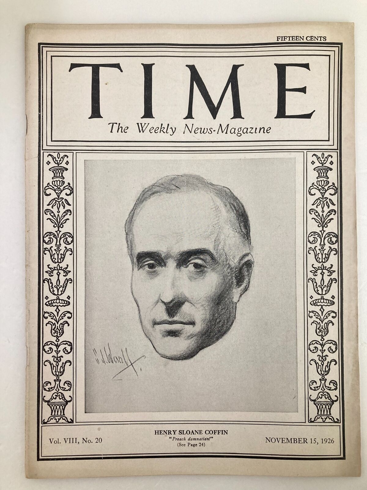 Cover of VTG Time Magazine November 15 1926 featuring a portrait of Henry Sloane Coffin, Vol. VIII, No. 20.