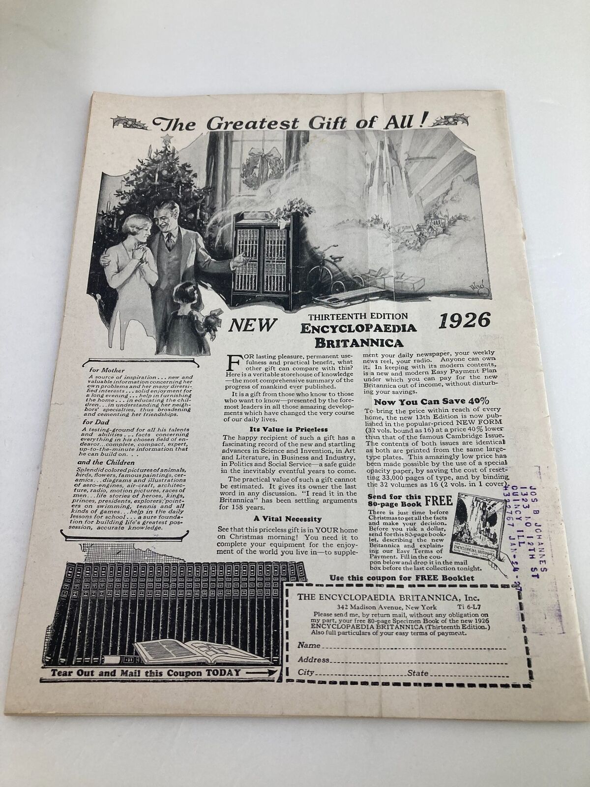Back cover of the VTG Time Magazine November 15 1926 displaying an advertisement for the Thirteenth Edition of Encyclopedia Britannica.